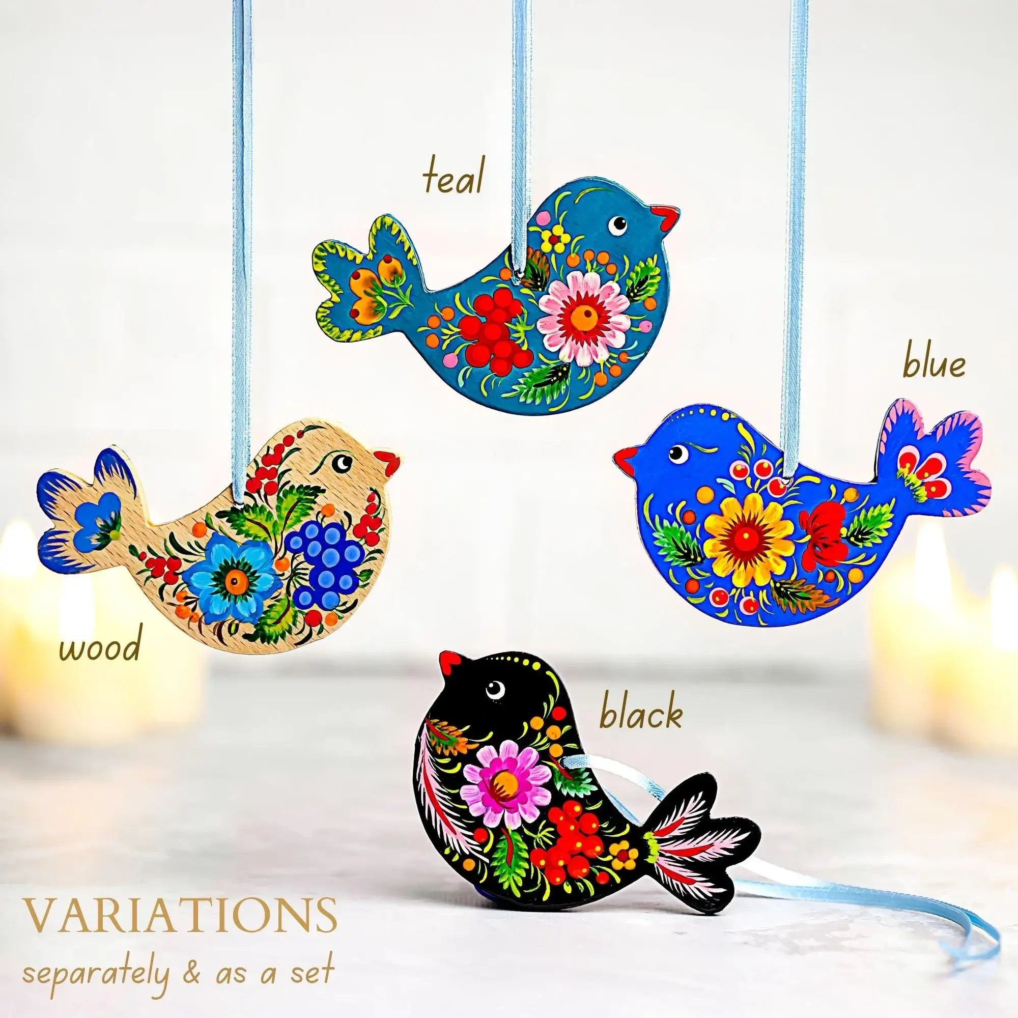 Personalized Wooden Bird Christmas Ornament - Hand-painted Chickadee with Ukrainian Petrykivka Folk Art