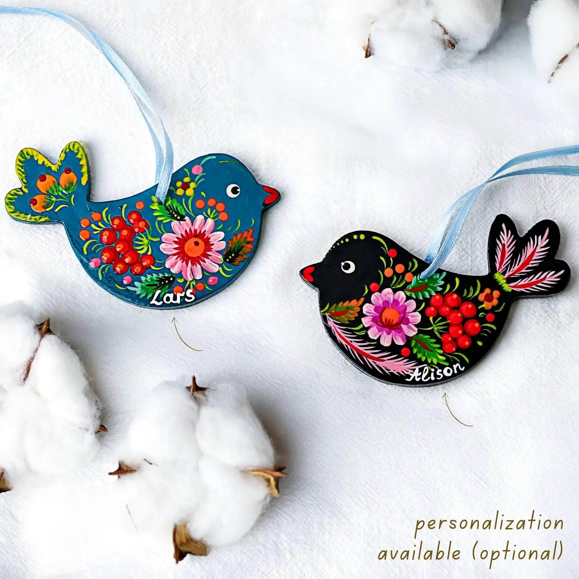 Painted Wooden Bird Christmas Ornament - Ukrainian Petrykivka Folk Art Christmas Decoration with Personalization Option
