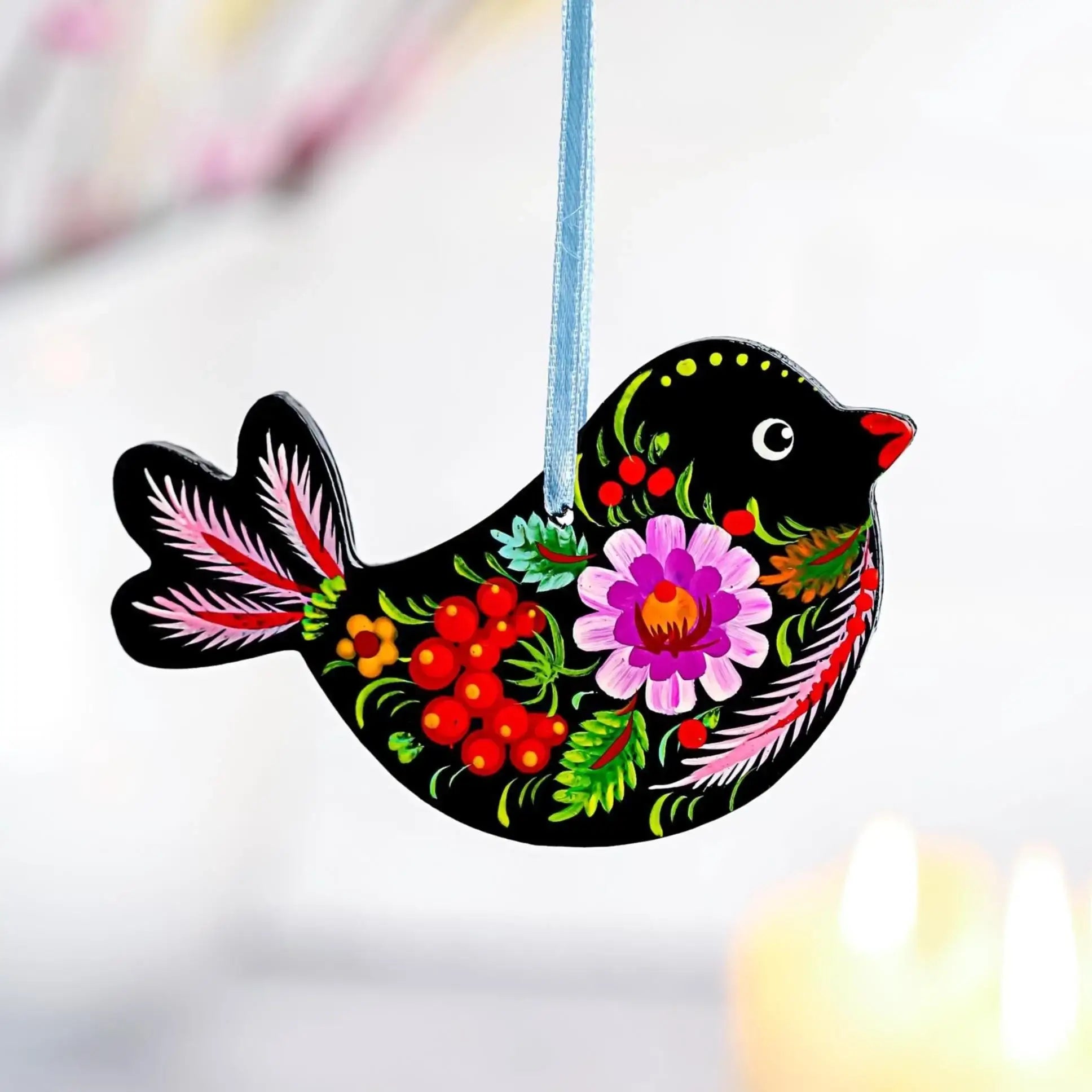 Painted Wooden Bird Christmas Ornament - Ukrainian Petrykivka Folk Art Christmas Decoration with Personalization Option