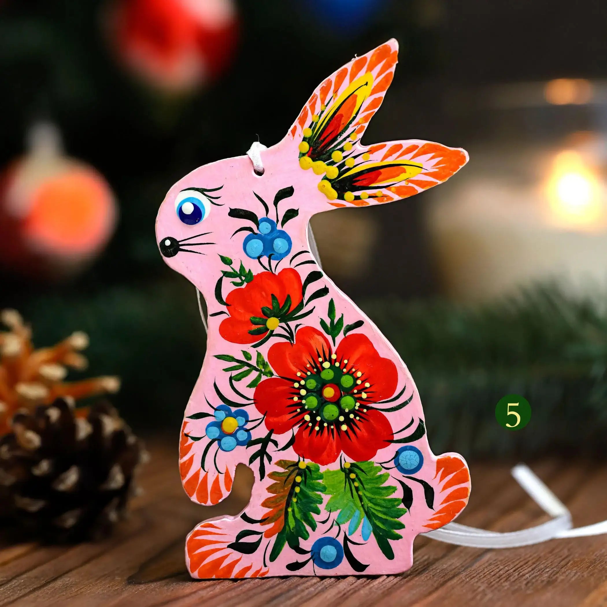 Painted Wooden Bunny Christmas Ornament - Ukrainian Petrykivka Folk Art Christmas Tree Decoration, Personalized Gift