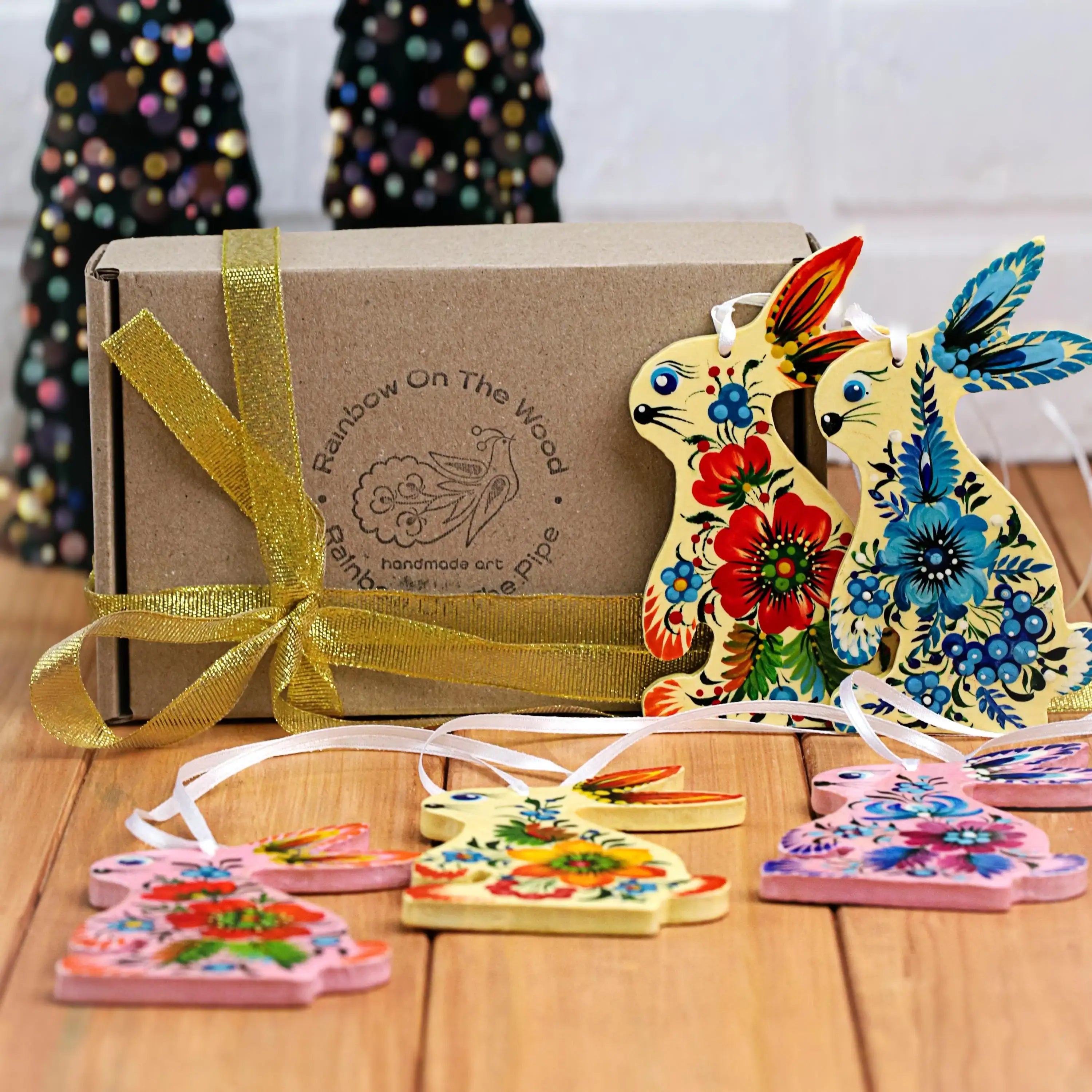 Personalized Wooden Bunny Christmas Ornament - Hand-painted Ukrainian Petrykivka Folk Art Christmas Tree Decoration