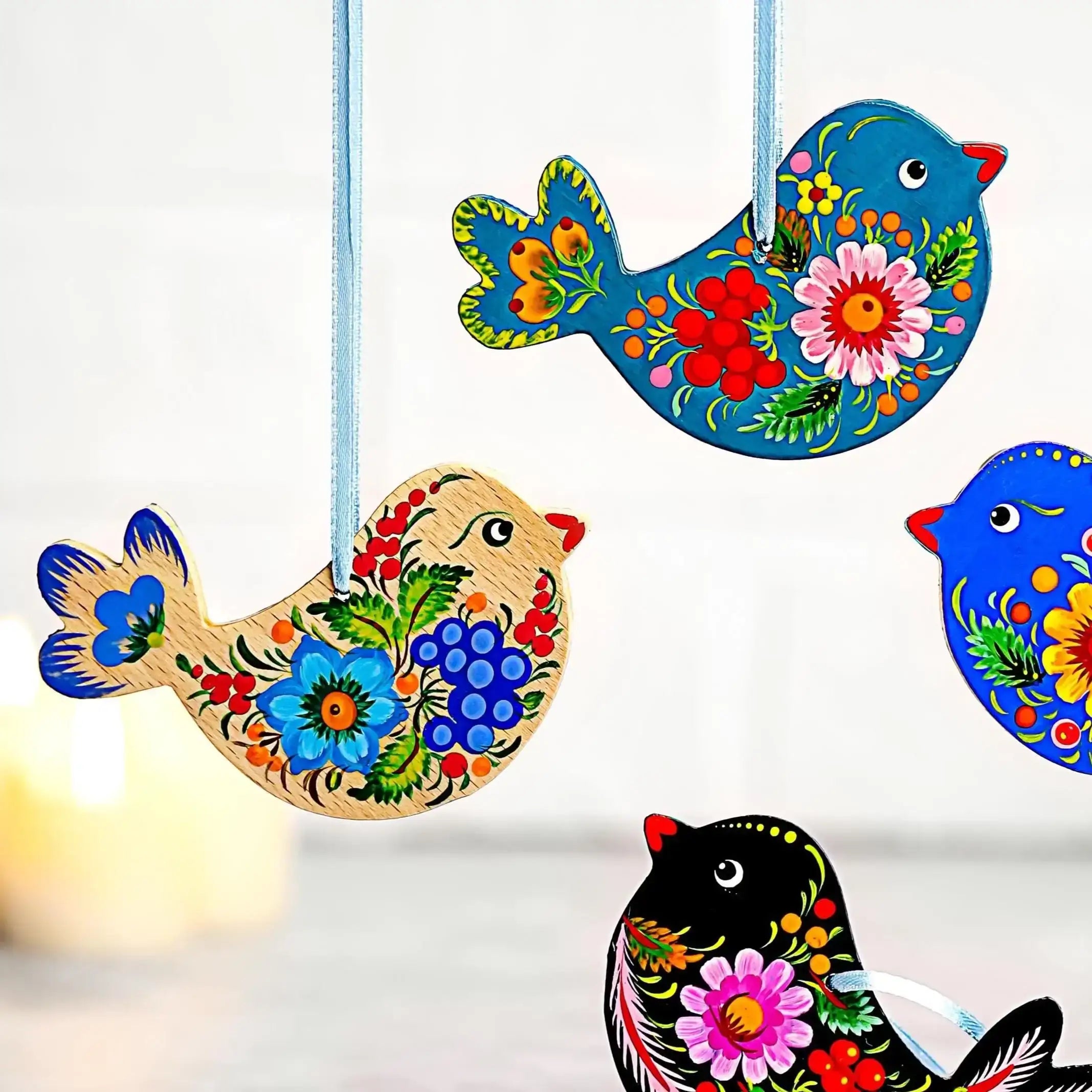 Personalized Wooden Bird Christmas Ornament - Hand-painted Chickadee with Ukrainian Petrykivka Folk Art