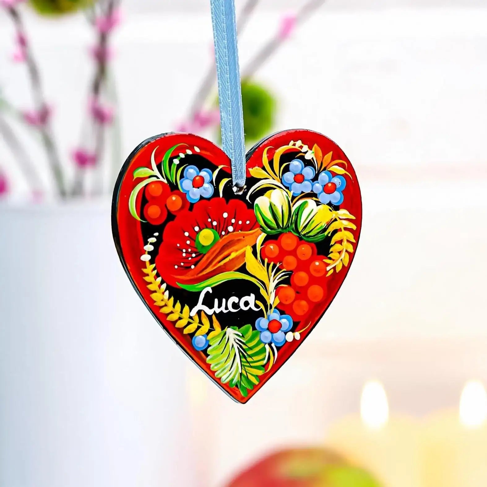 Personalized Heart Christmas Ornament - Hand-painted Wooden Ukrainian Petrykivka Folk Art Christmas Tree Decoration