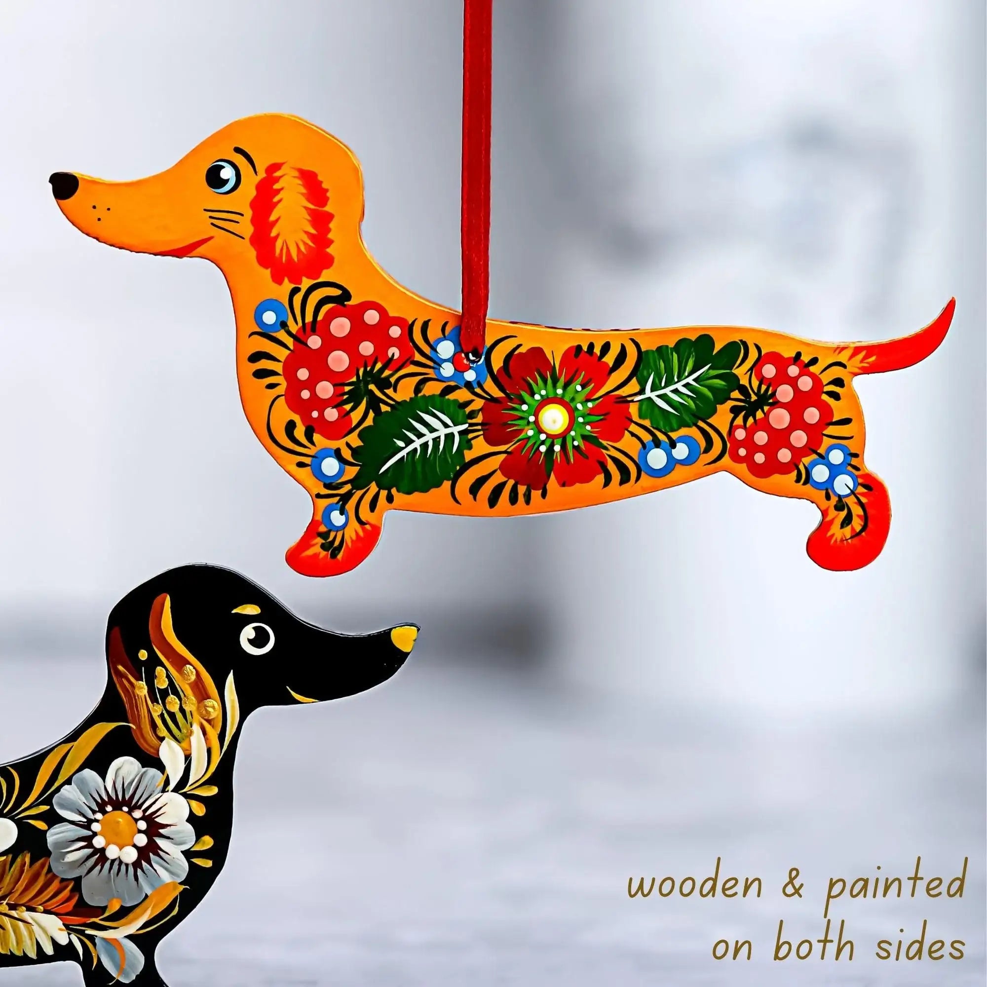 Personalized Dachshund Ornament Painted with Ukrainian Petrykivka Art - Wooden Dog Christmas Tree Decoration