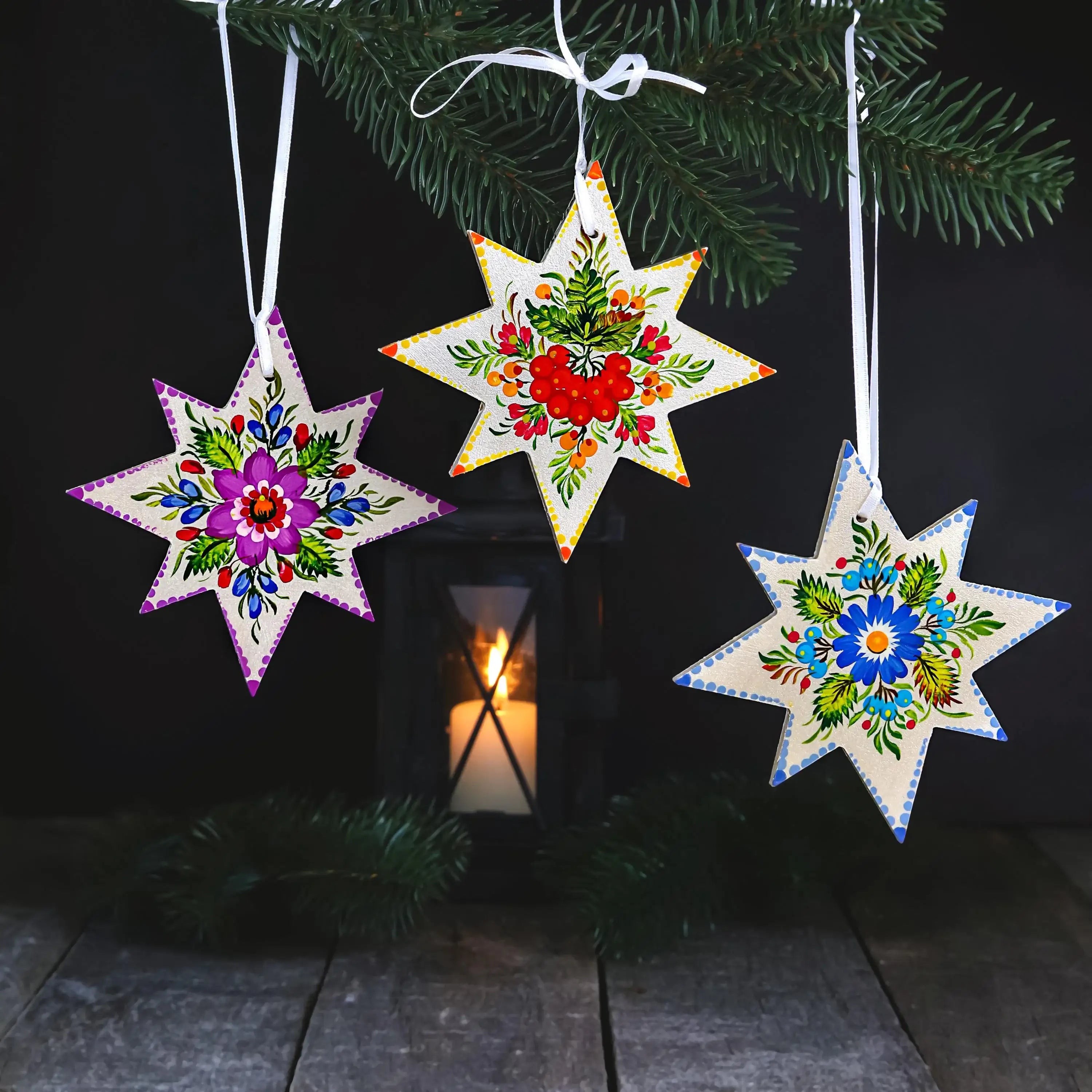 Painted Wooden Star Christmas Ornament - Ukrainian Petrykivka Folk Art Tree Decoration, Personalized Gift