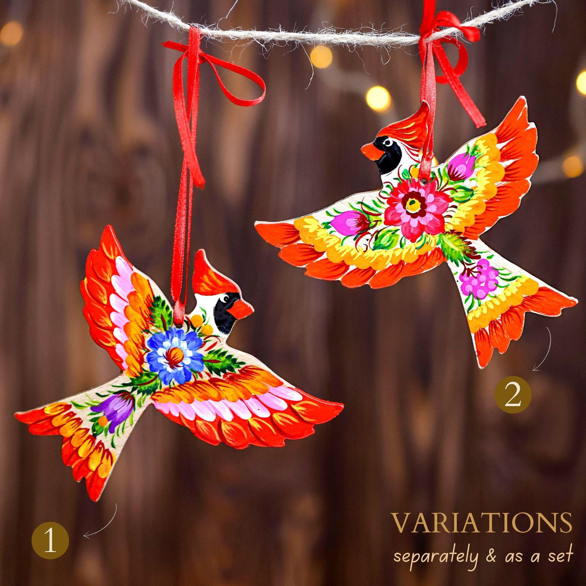 Painted Cardinal Christmas Ornament - Handmade Wooden Bird Tree Decoration with Ukrainian Petrykivka Folk Art