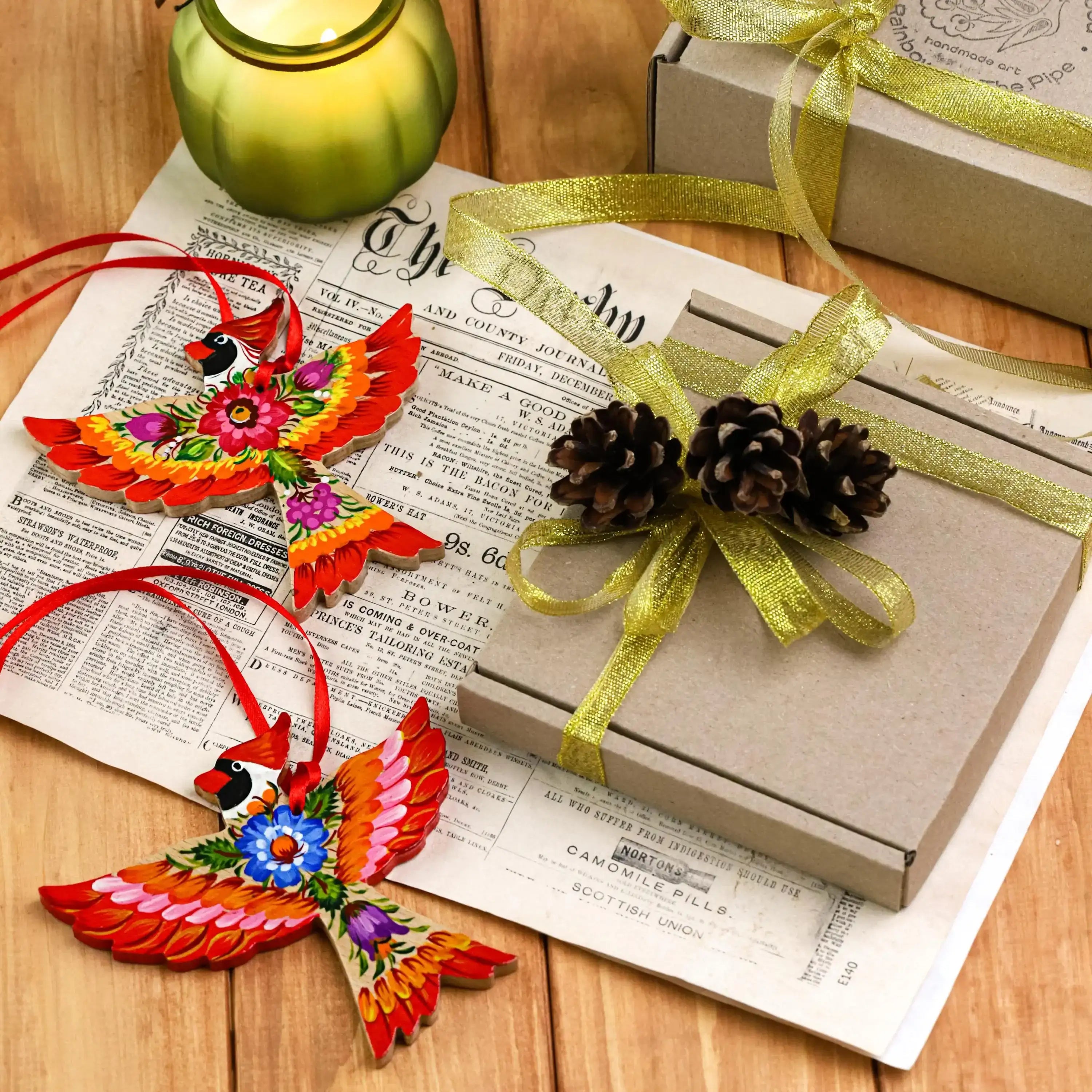 Cardinal Christmas Ornament - Hand-painted Wooden Bird Tree Decoration with Ukrainian Petrykivka Folk Art