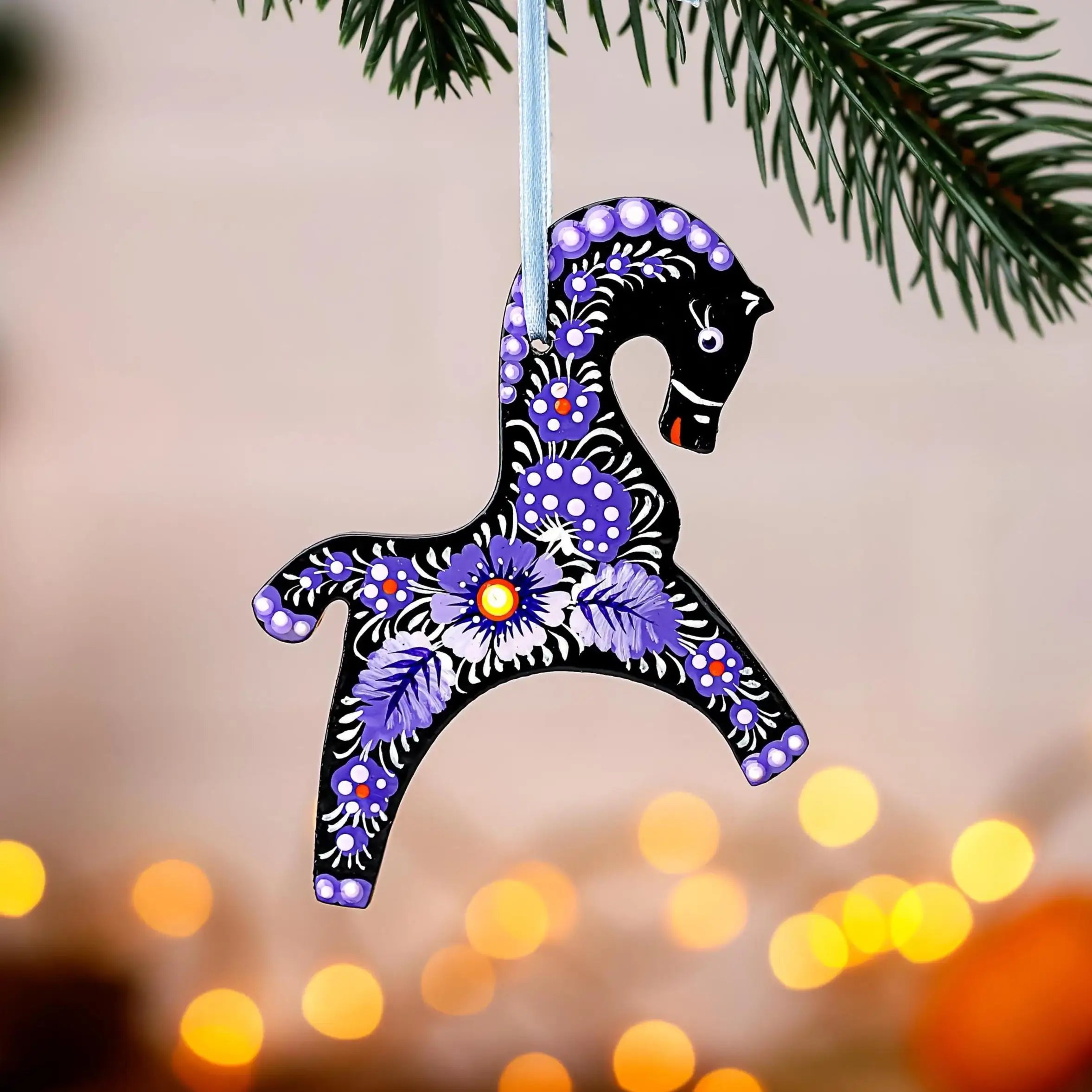 Painted Wooden Horse Christmas Ornament - Ukrainian Petrykivka Folk Art Tree Decoration, Personalized Gift