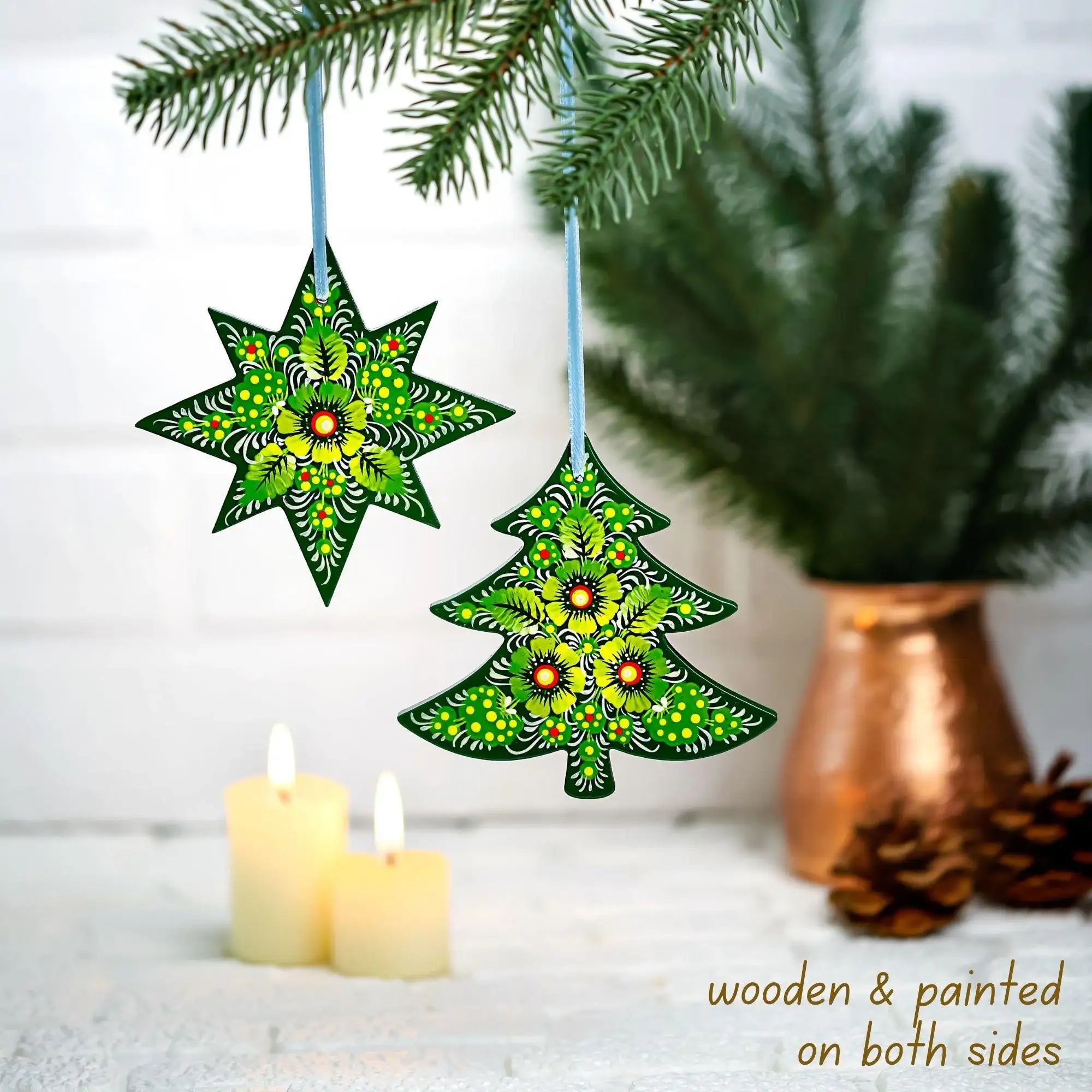 Painted Wooden Star Christmas Ornament - Ukrainian Petrykivka Folk Art Tree Decoration, Personalized Gift