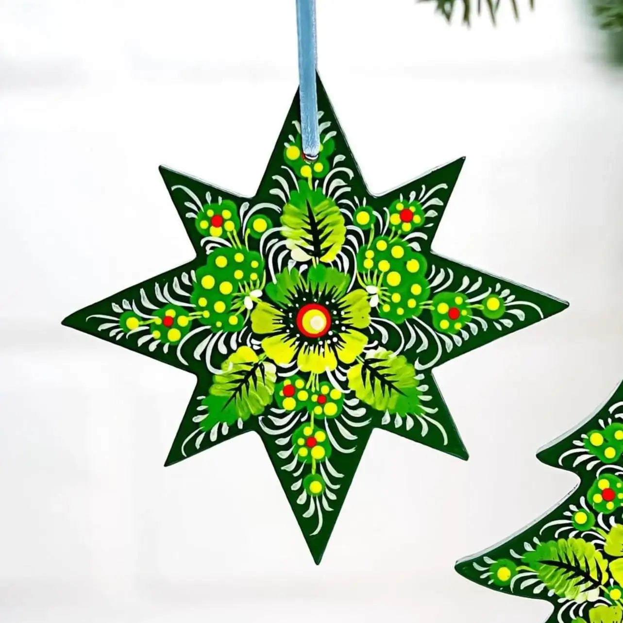 Painted Wooden Star Christmas Ornament - Ukrainian Petrykivka Folk Art Tree Decoration, Personalized Gift