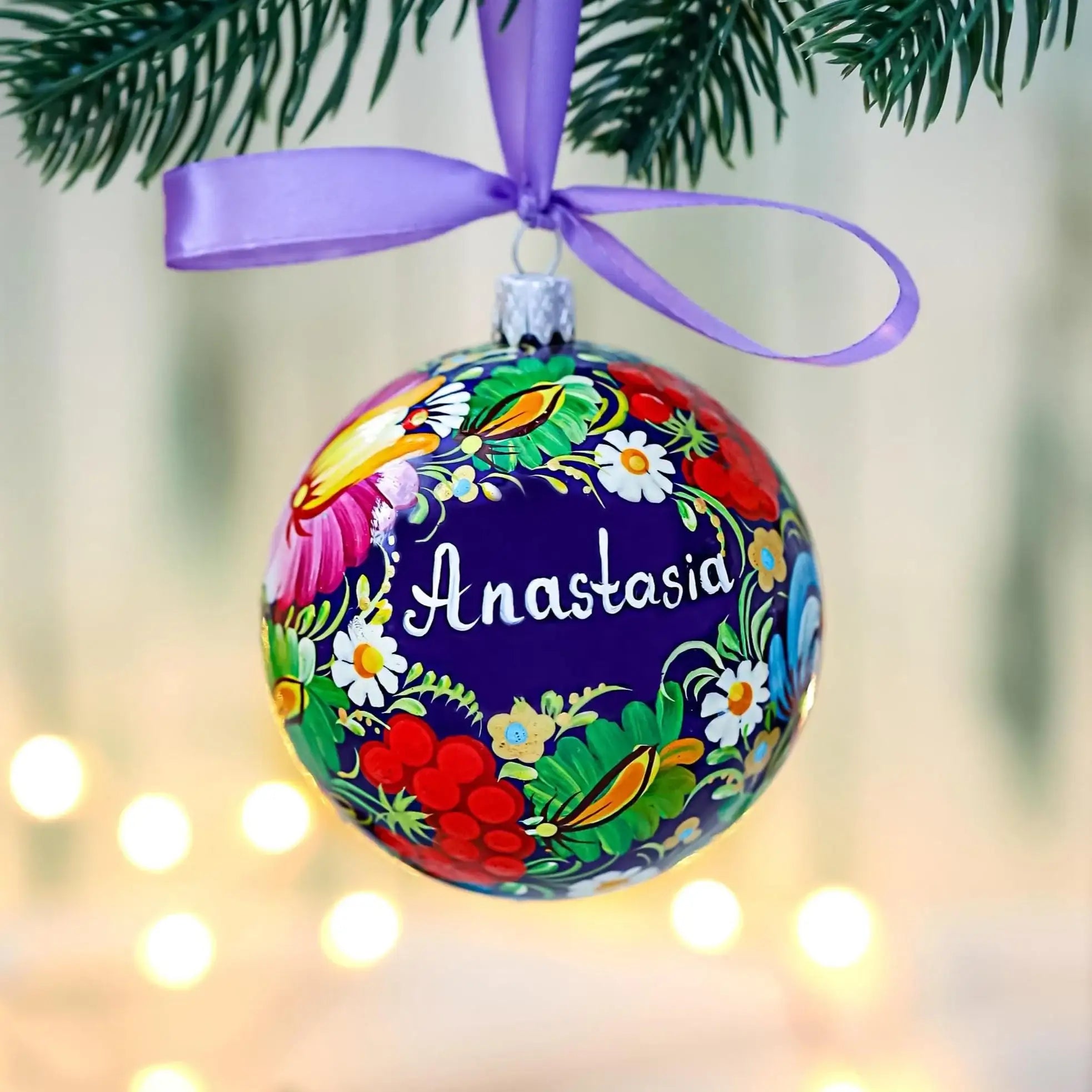 Personalized Dove Christmas Ball Ornament 3.14 in - Hand-painted Ukrainian Petrykivka Folk Art Tree Decoration