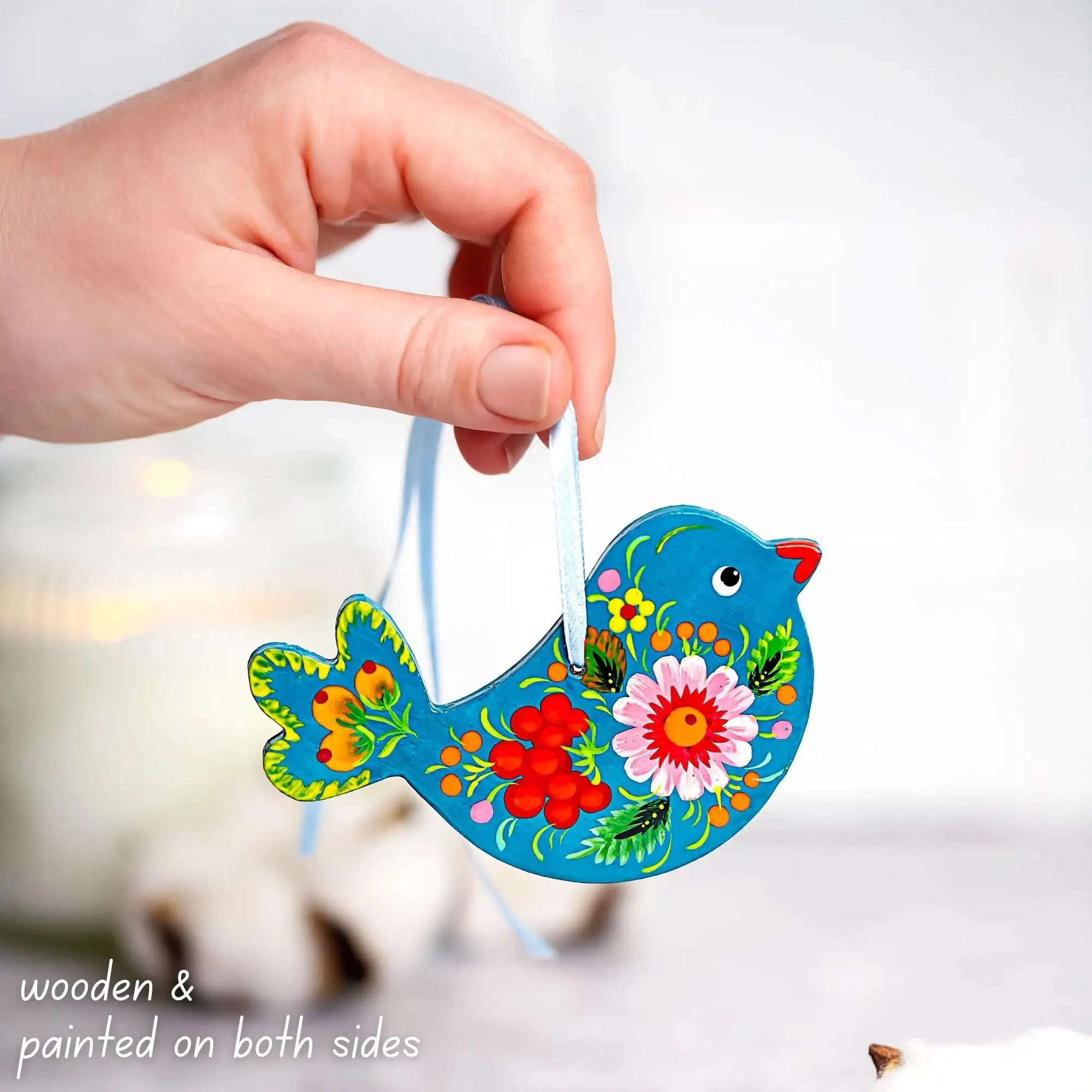 Painted Wooden Bird Christmas Ornament - Personalized Chickadee with Ukrainian Petrykivka Folk Art