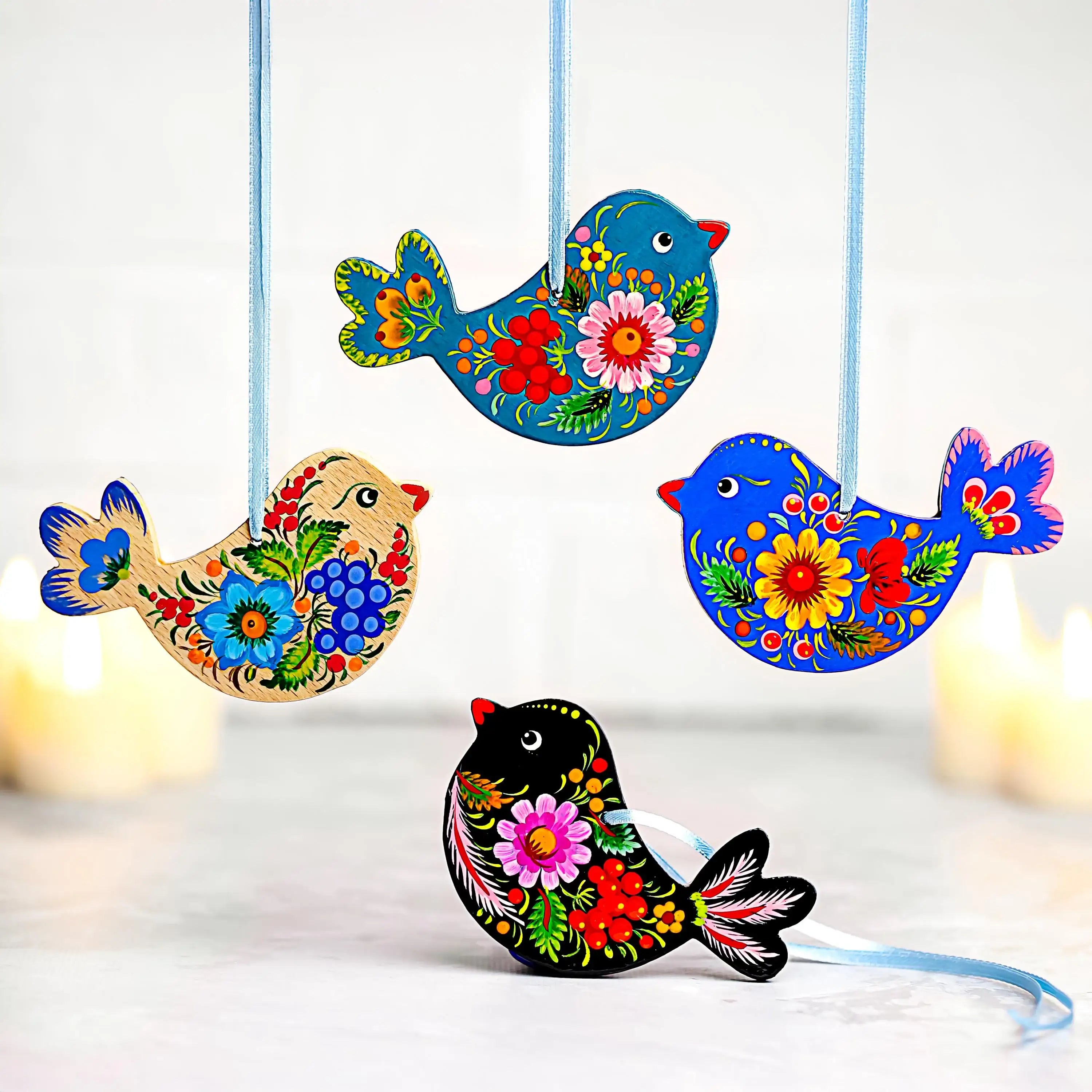 Painted Wooden Bird Christmas Ornament - Ukrainian Petrykivka Folk Art Christmas Decoration with Personalization Option