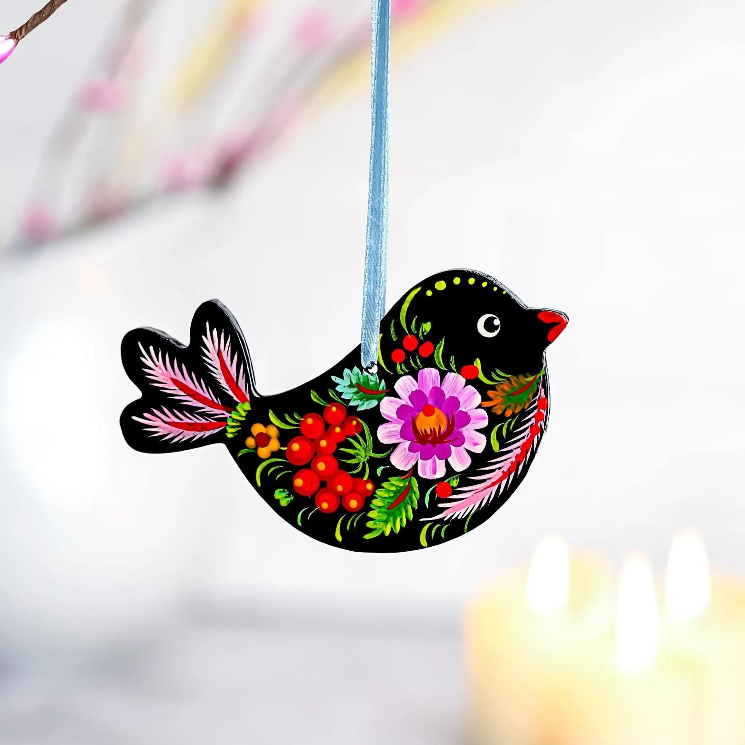 Painted Wooden Bird Christmas Ornament - Personalized Chickadee with Ukrainian Petrykivka Folk Art