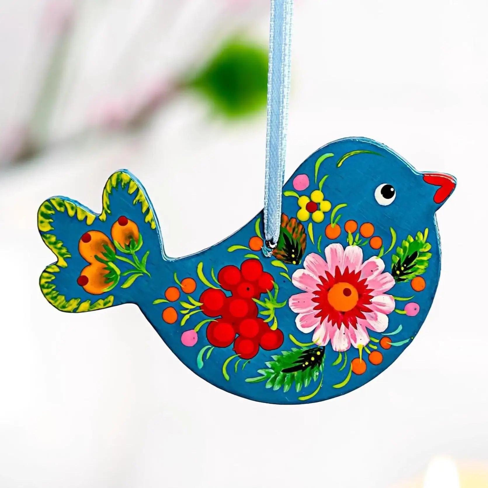 Painted Wooden Bird Christmas Ornament - Personalized Chickadee with Ukrainian Petrykivka Folk Art