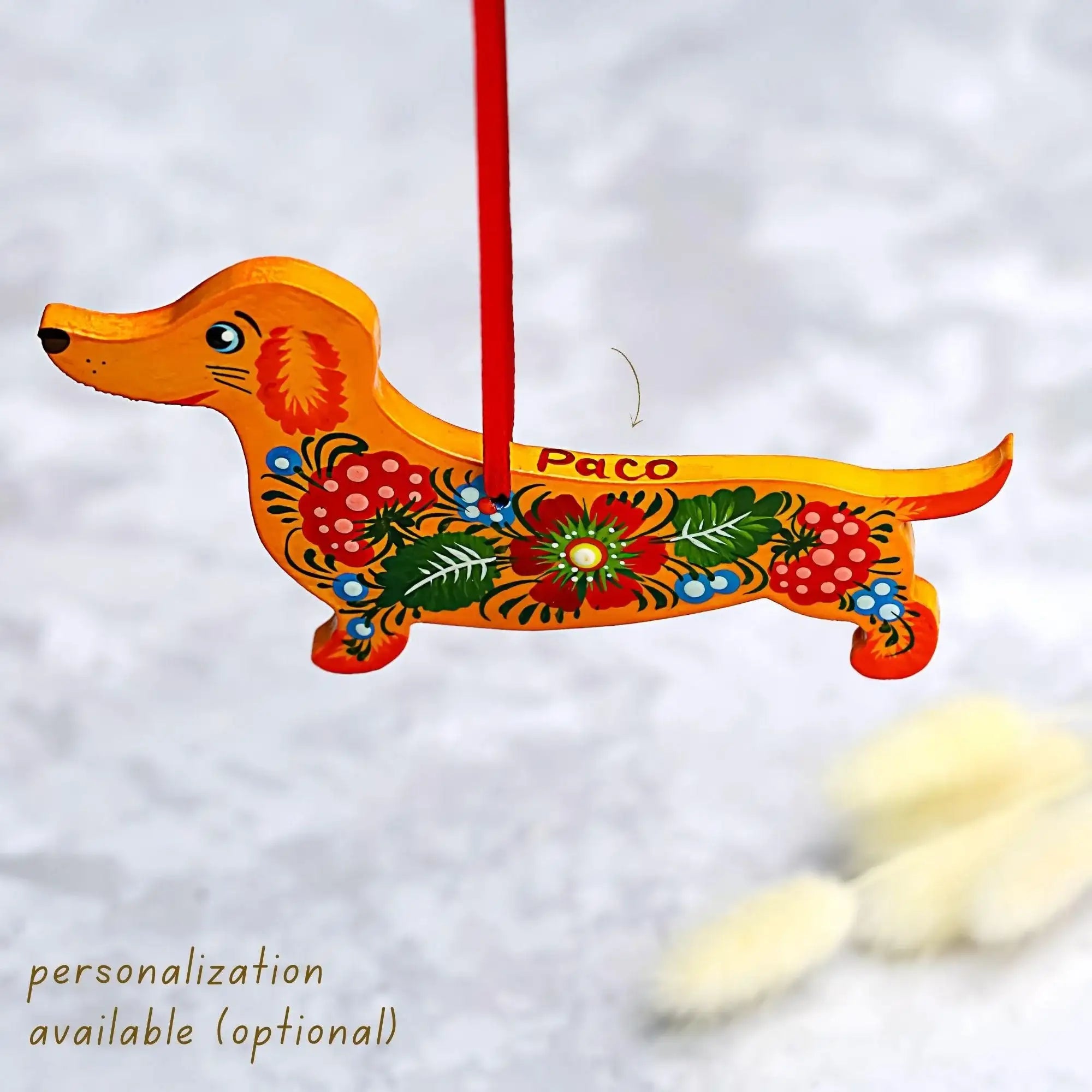 Personalized Dachshund Ornament Painted with Ukrainian Petrykivka Art - Wooden Dog Christmas Tree Decoration