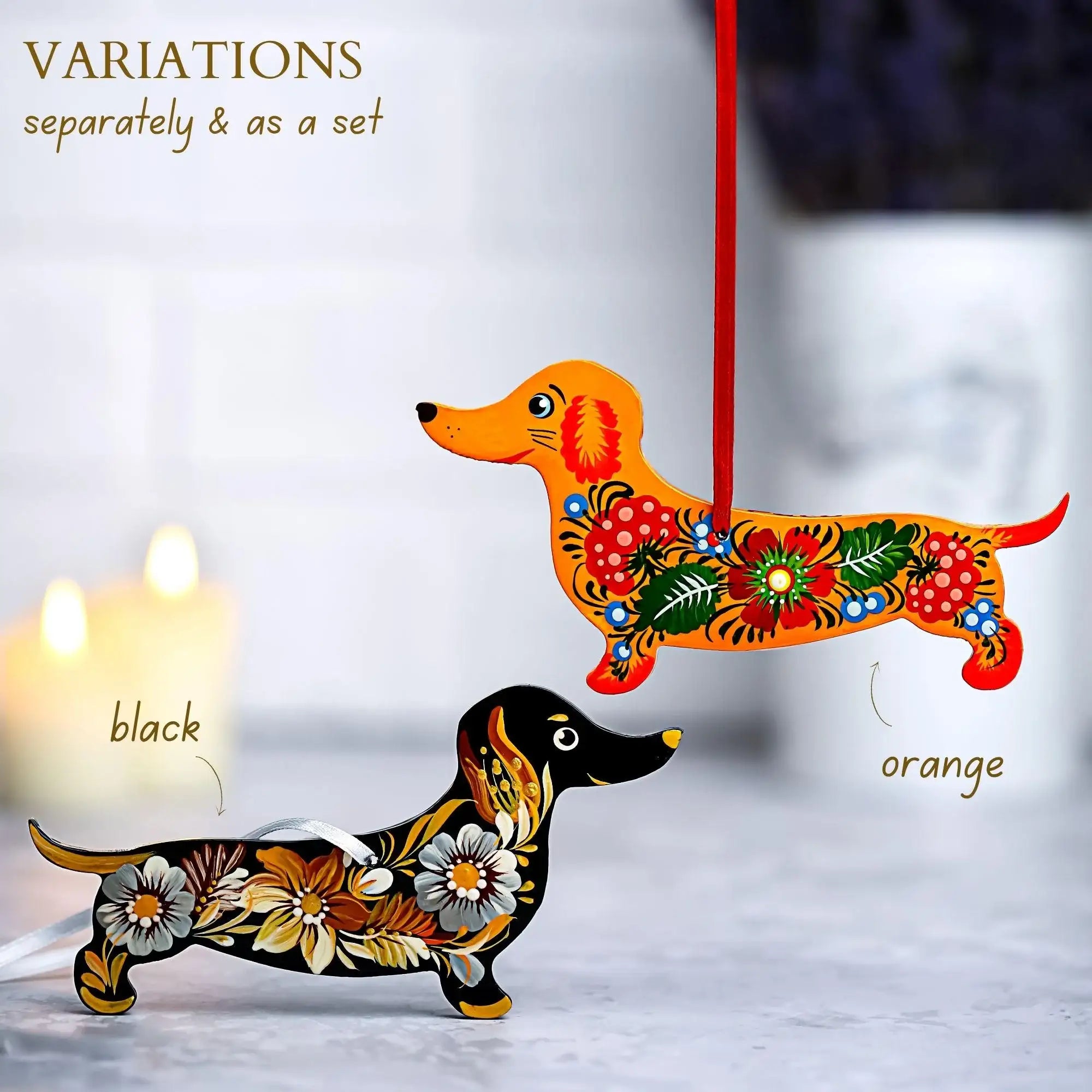 Personalized Dachshund Ornament Painted with Ukrainian Petrykivka Art - Wooden Dog Christmas Tree Decoration