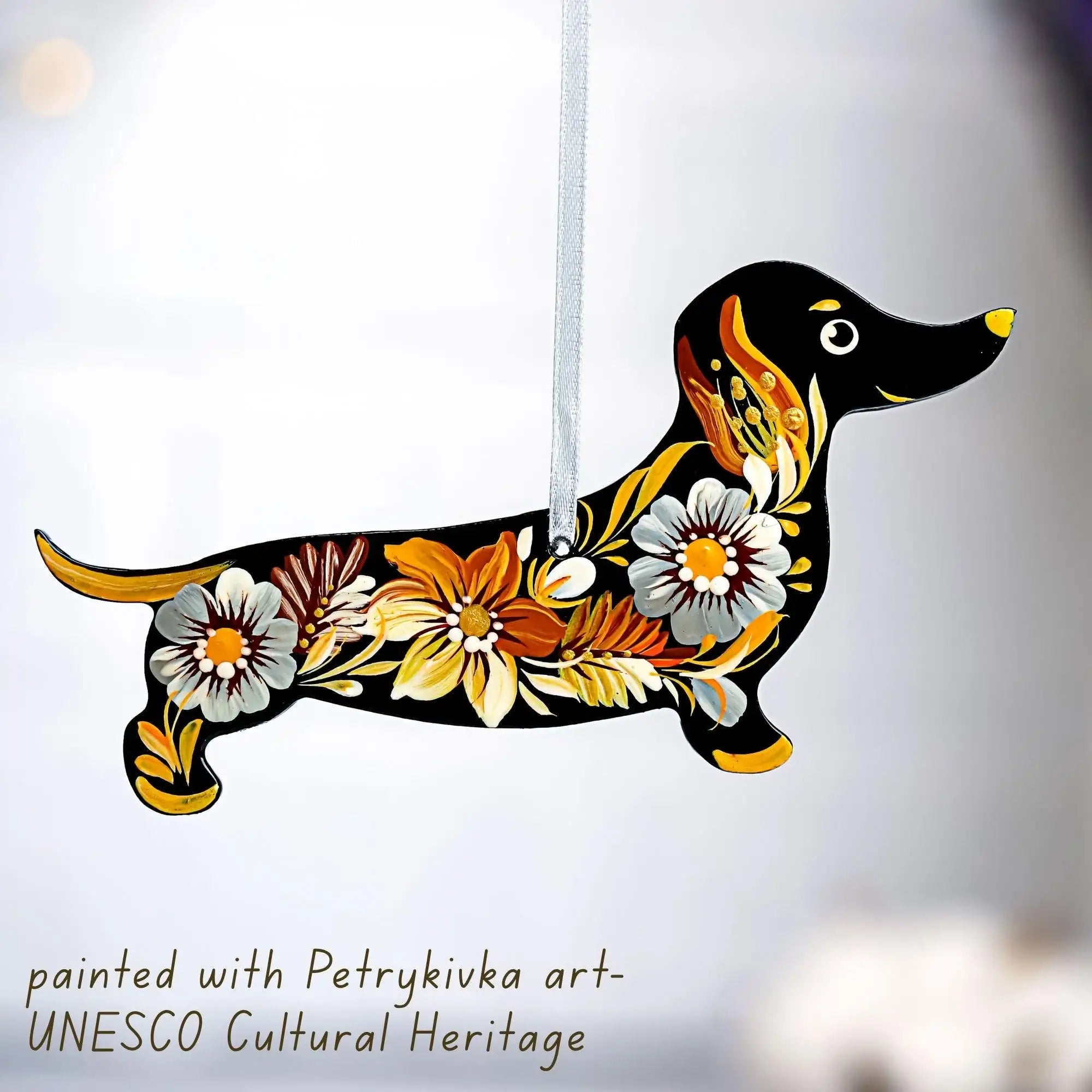 Personalized Dachshund Ornament Painted with Ukrainian Petrykivka Art - Wooden Dog Christmas Tree Decoration
