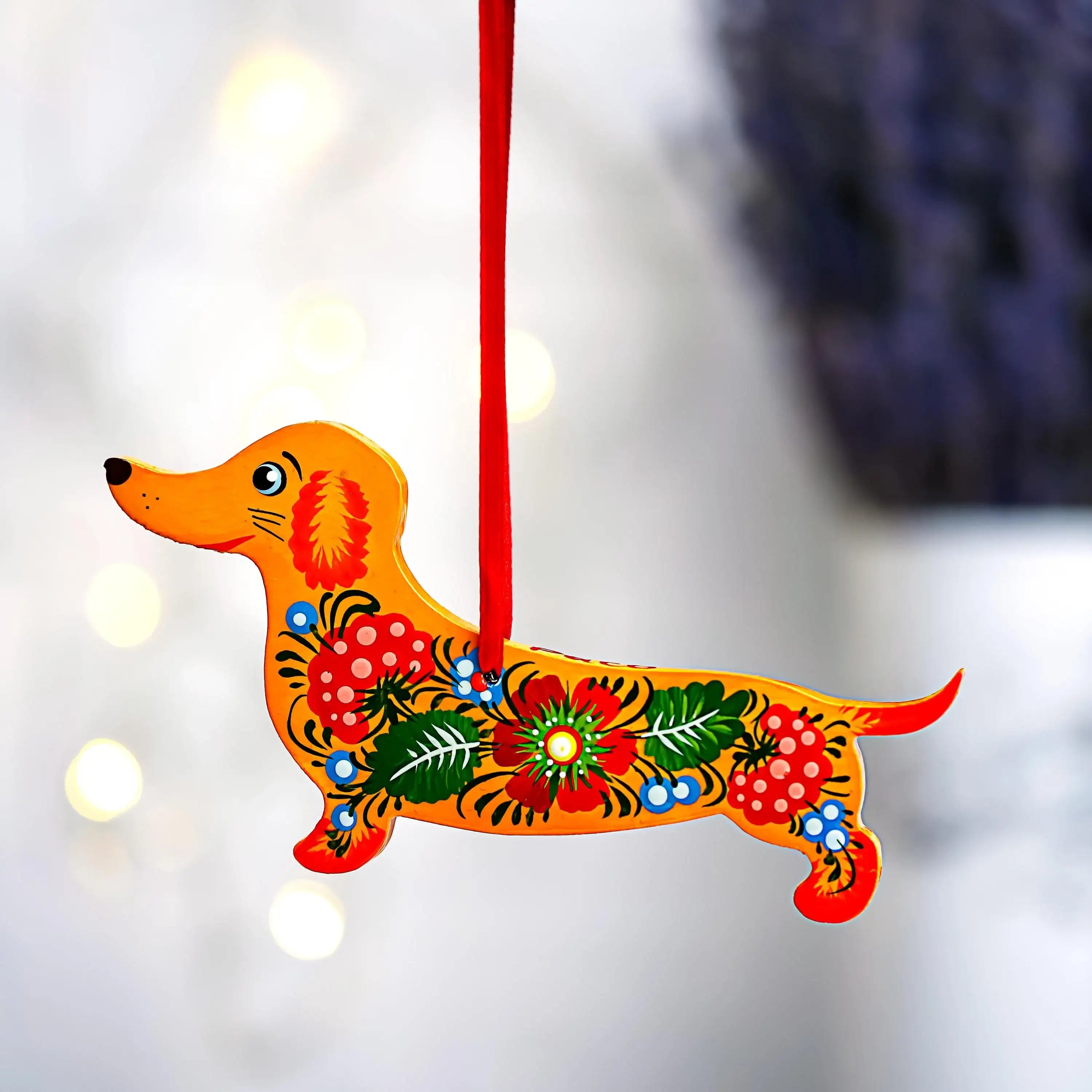 Wooden Dachshund Ornament Painted with Ukrainian Petrykivka Art - Personalized Dog Christmas Tree Decoration