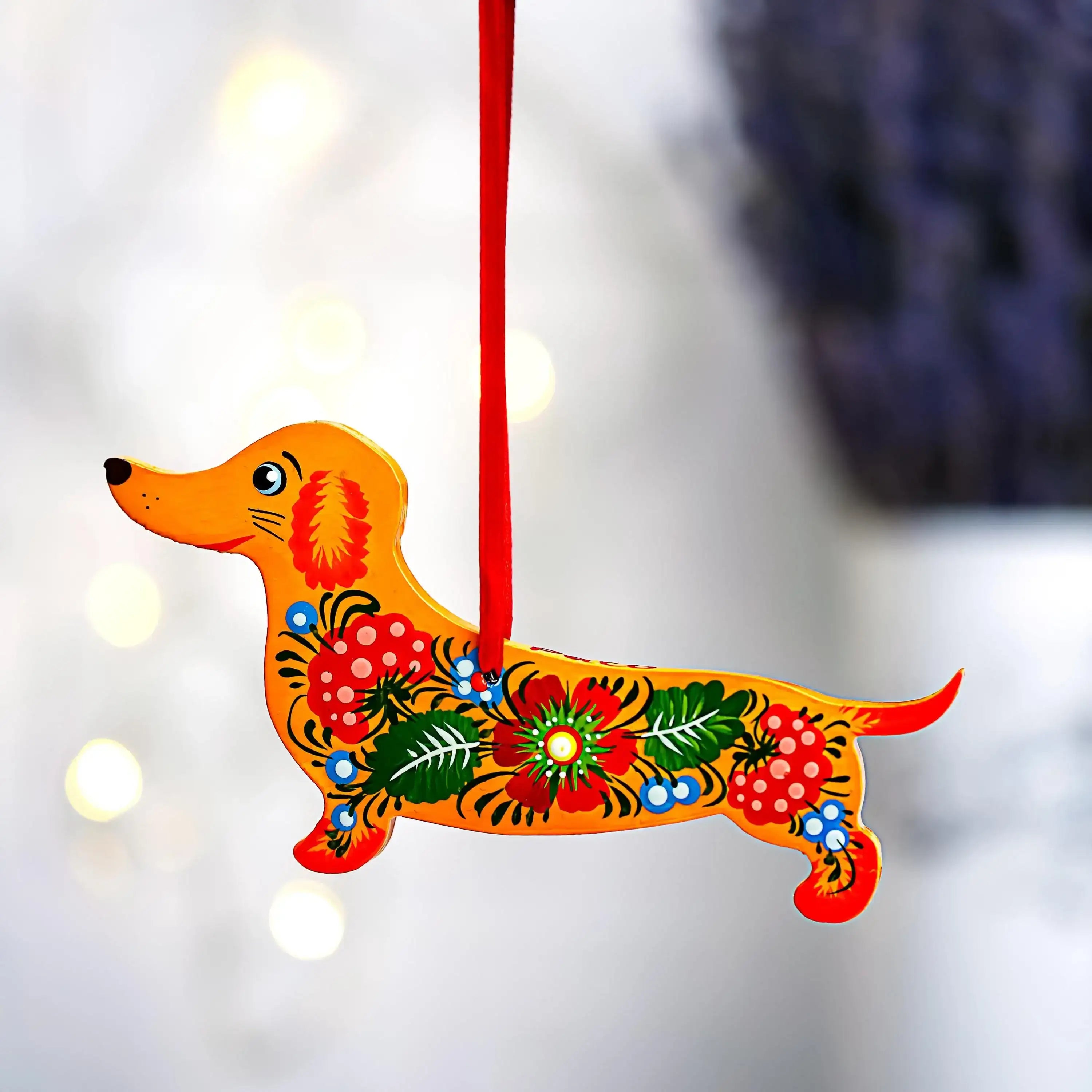 Wooden Dachshund Ornament Painted with Ukrainian Petrykivka Art - Personalized Red Dog Christmas Tree Decoration