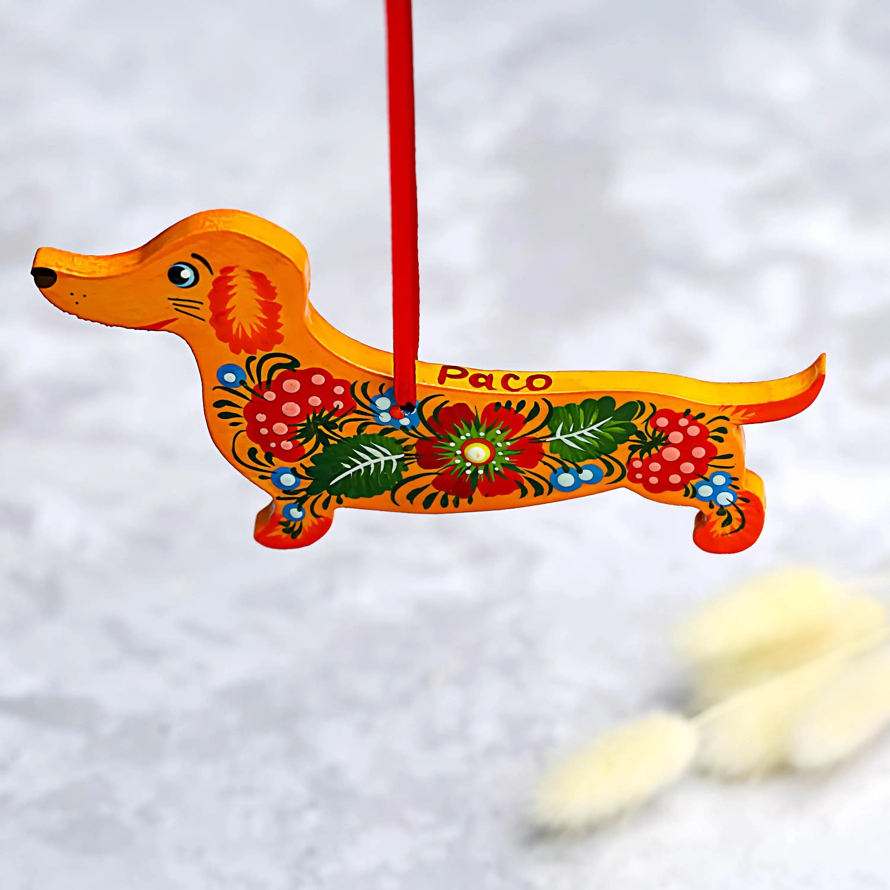 Personalized Dachshund Ornament Painted with Ukrainian Petrykivka Art - Wooden Dog Christmas Tree Decoration