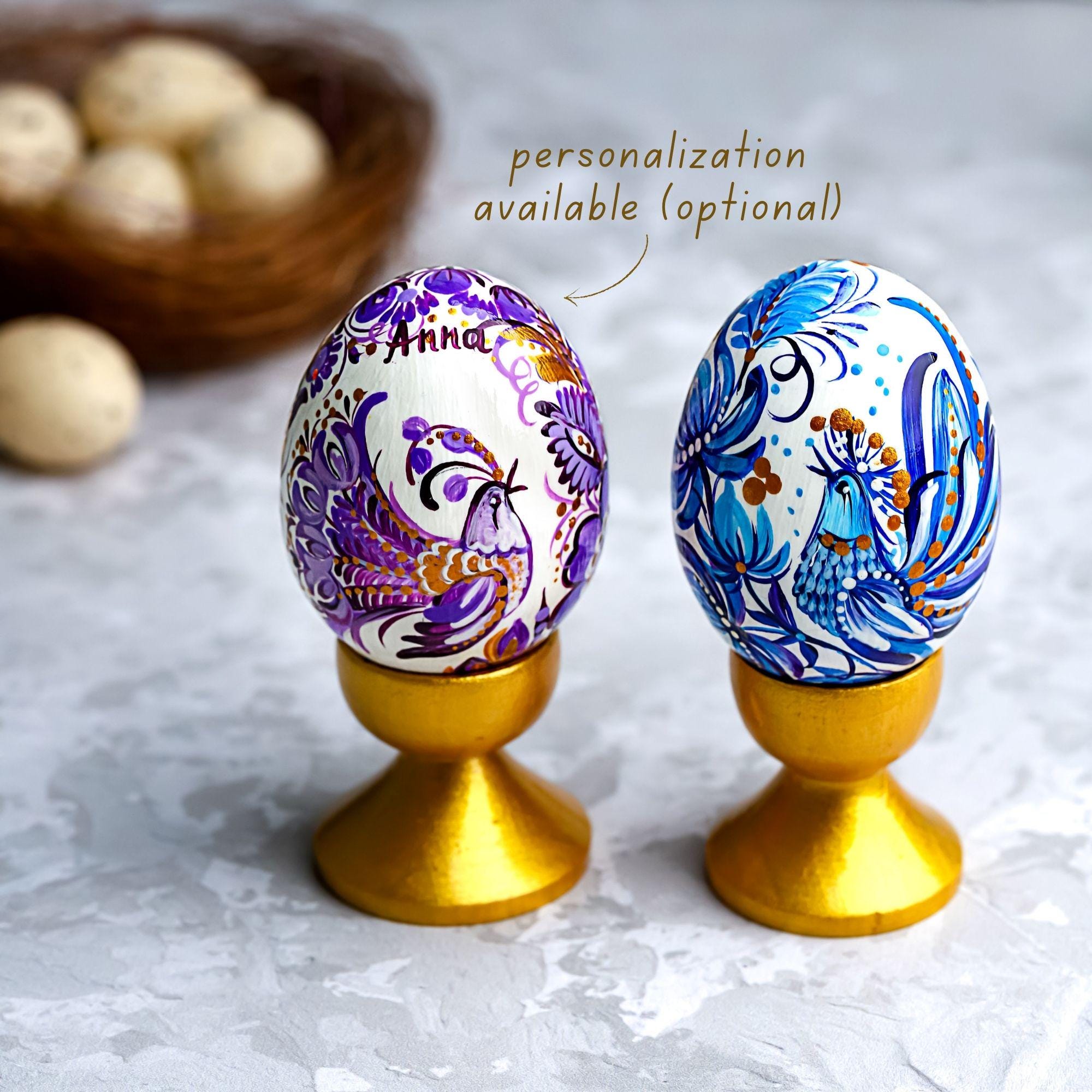 Painted Wooden Bird Easter Egg - Personalized Ukrainian Pysanky with Petrykivka Art