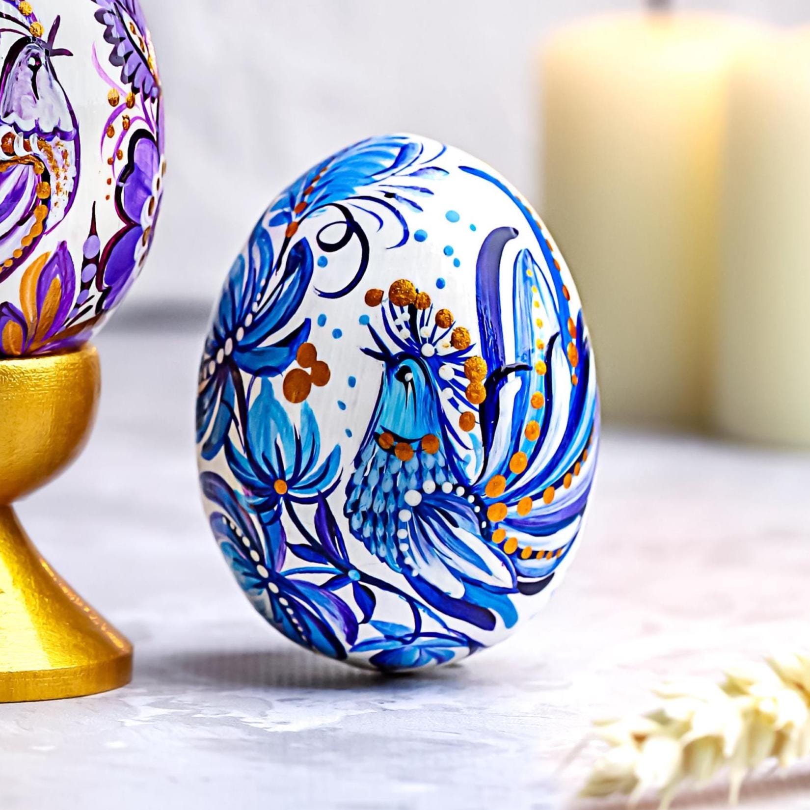 Painted Wooden Bird Easter Egg - Personalized Blue Bird Ukrainian Pysanky with Petrykivka Art