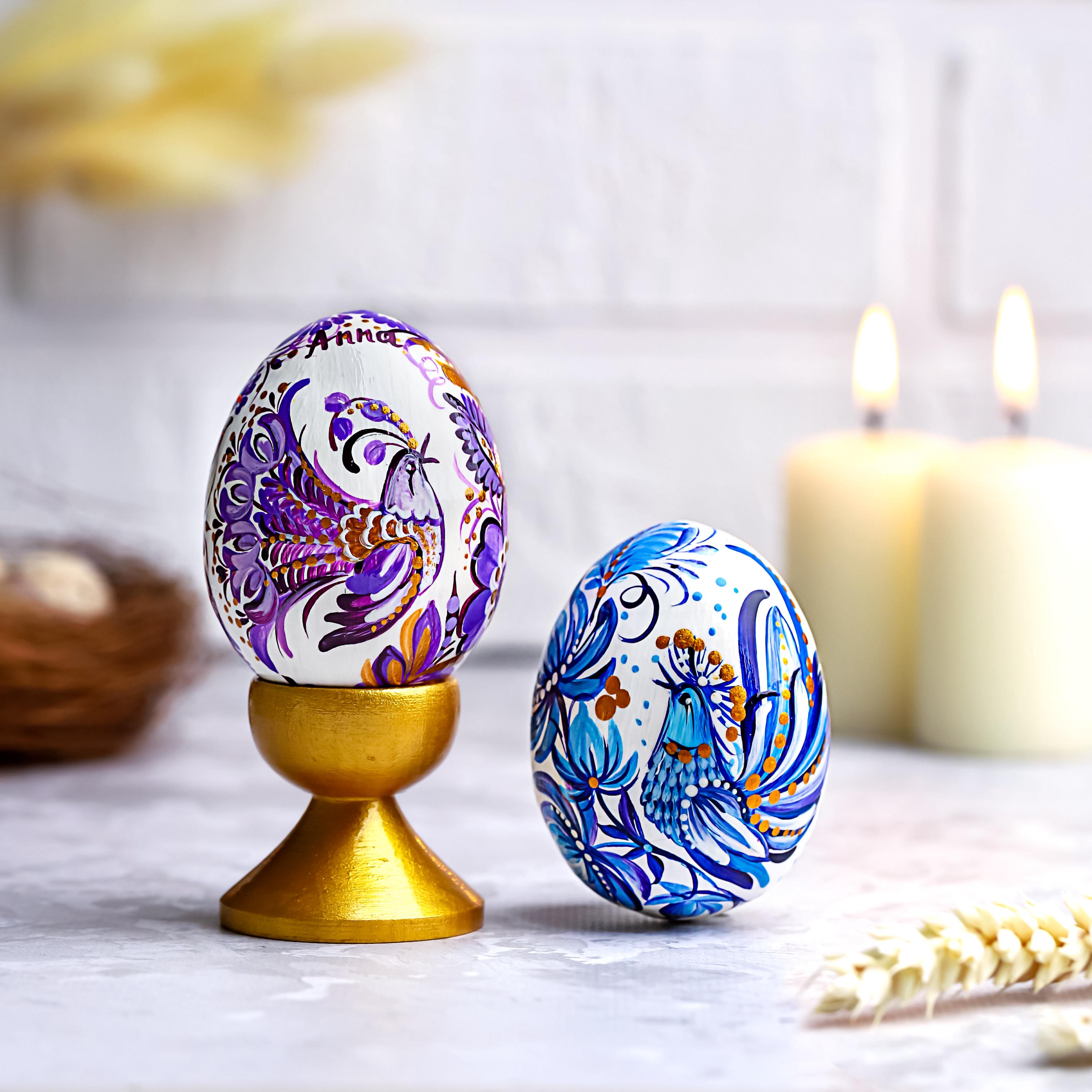 Painted Wooden Bird Easter Egg - Personalized Ukrainian Pysanky with Petrykivka Art