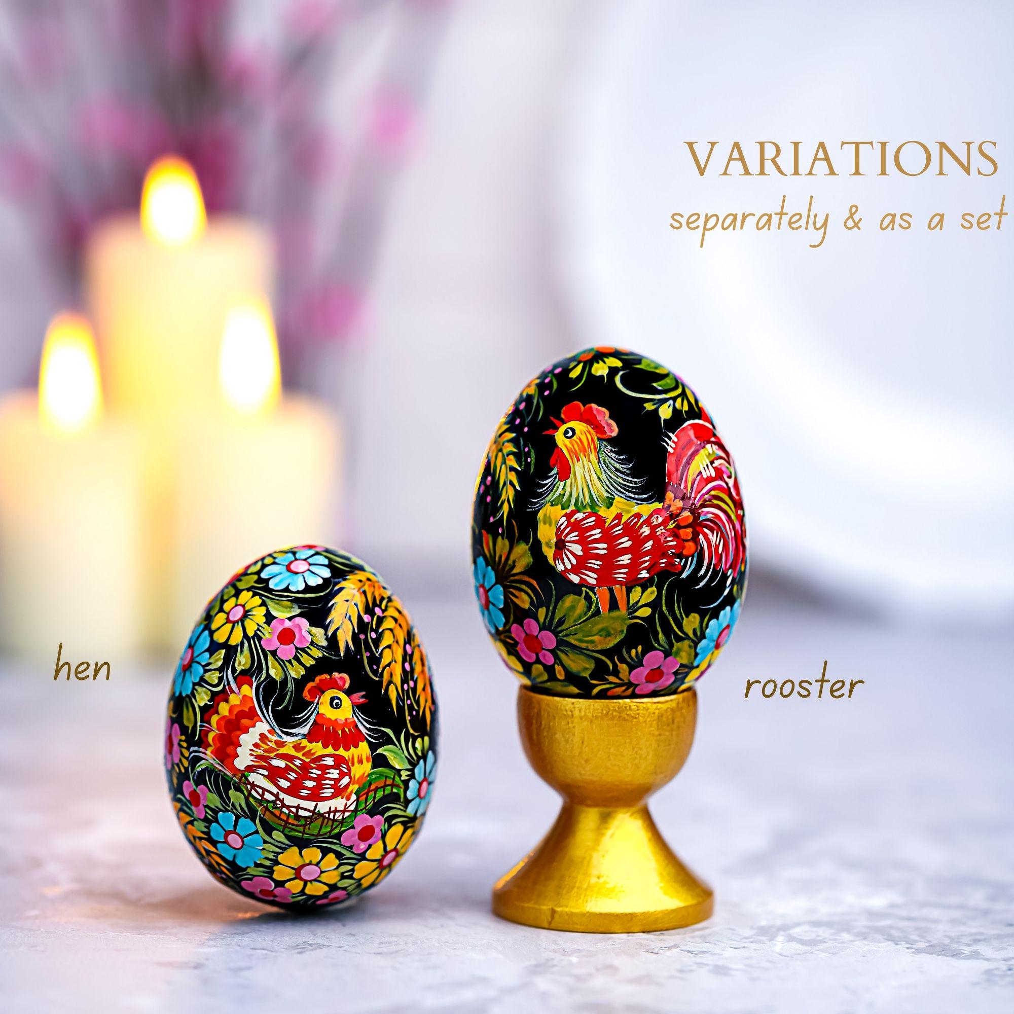 Painted Wooden Chicken Egg - Ukrainian Pysanky - Petrykivka Rooster & Hen Easter Decoration