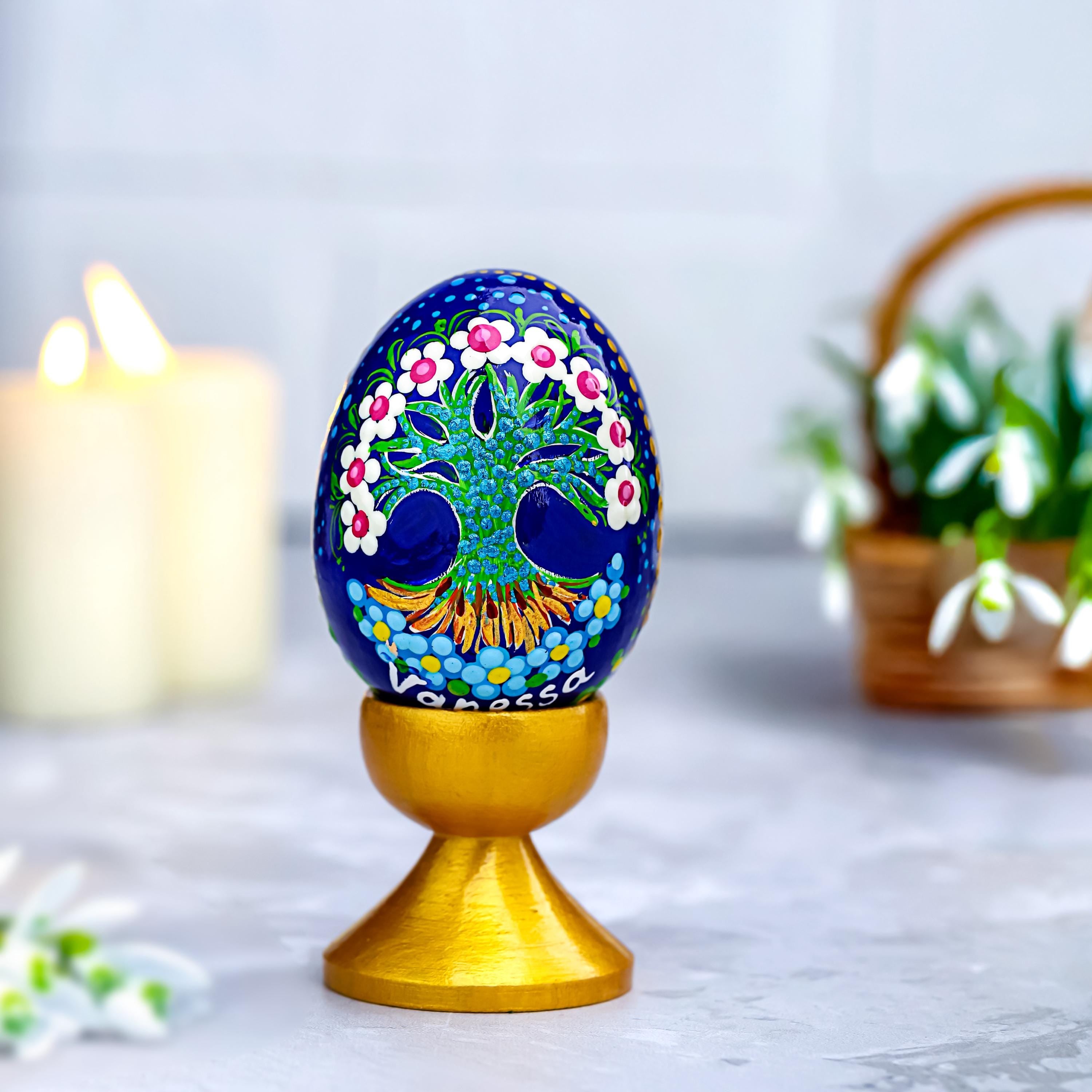 Hand-painted Wooden Egg - Personalized Tree of Life Easter Decoration, Ukrainian Petrykivka Pysanky Eggs