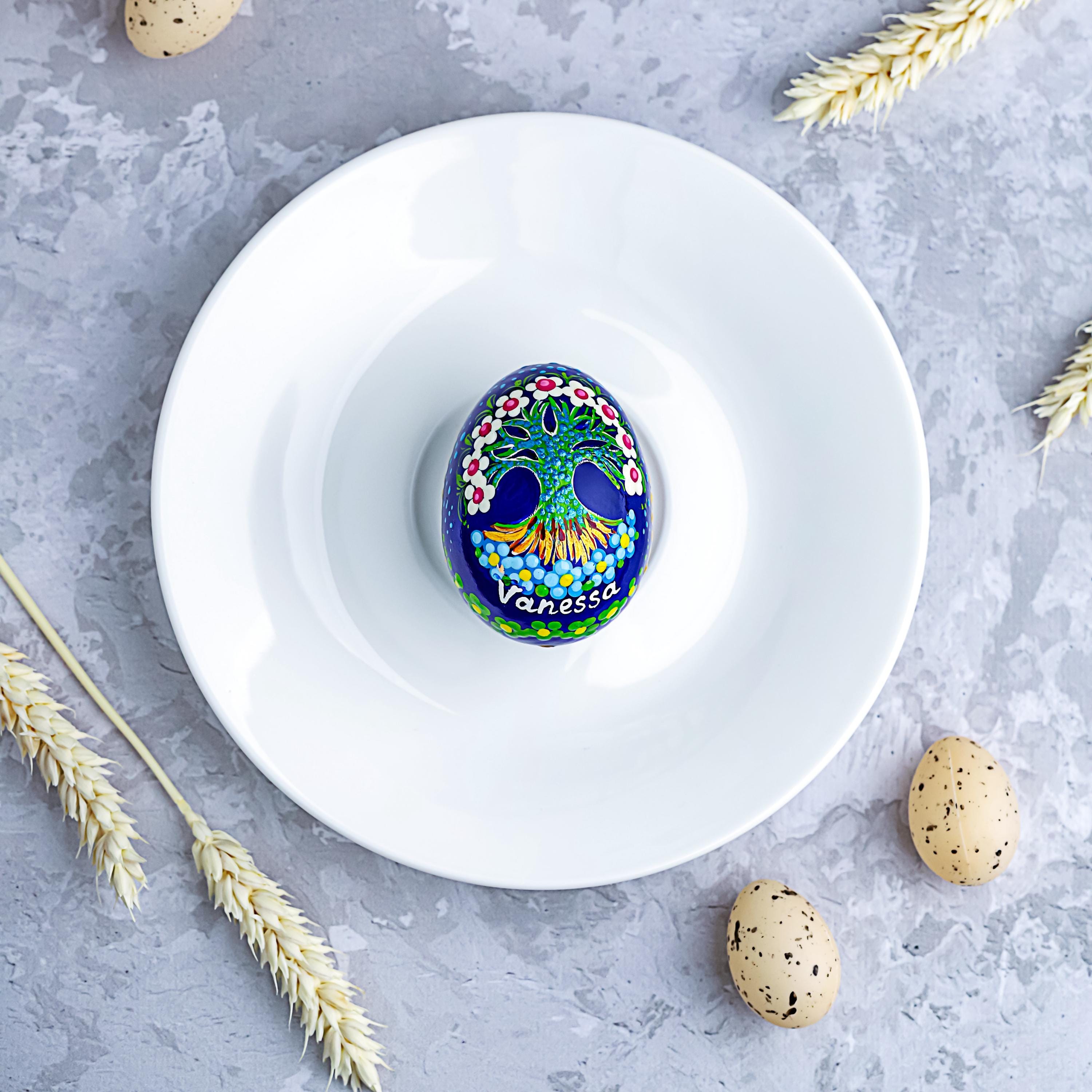 Painted Wooden Hanging Easter Egg - Personalized Tree of Life Easter Decoration, Ukrainian Petrykivka Pysanky