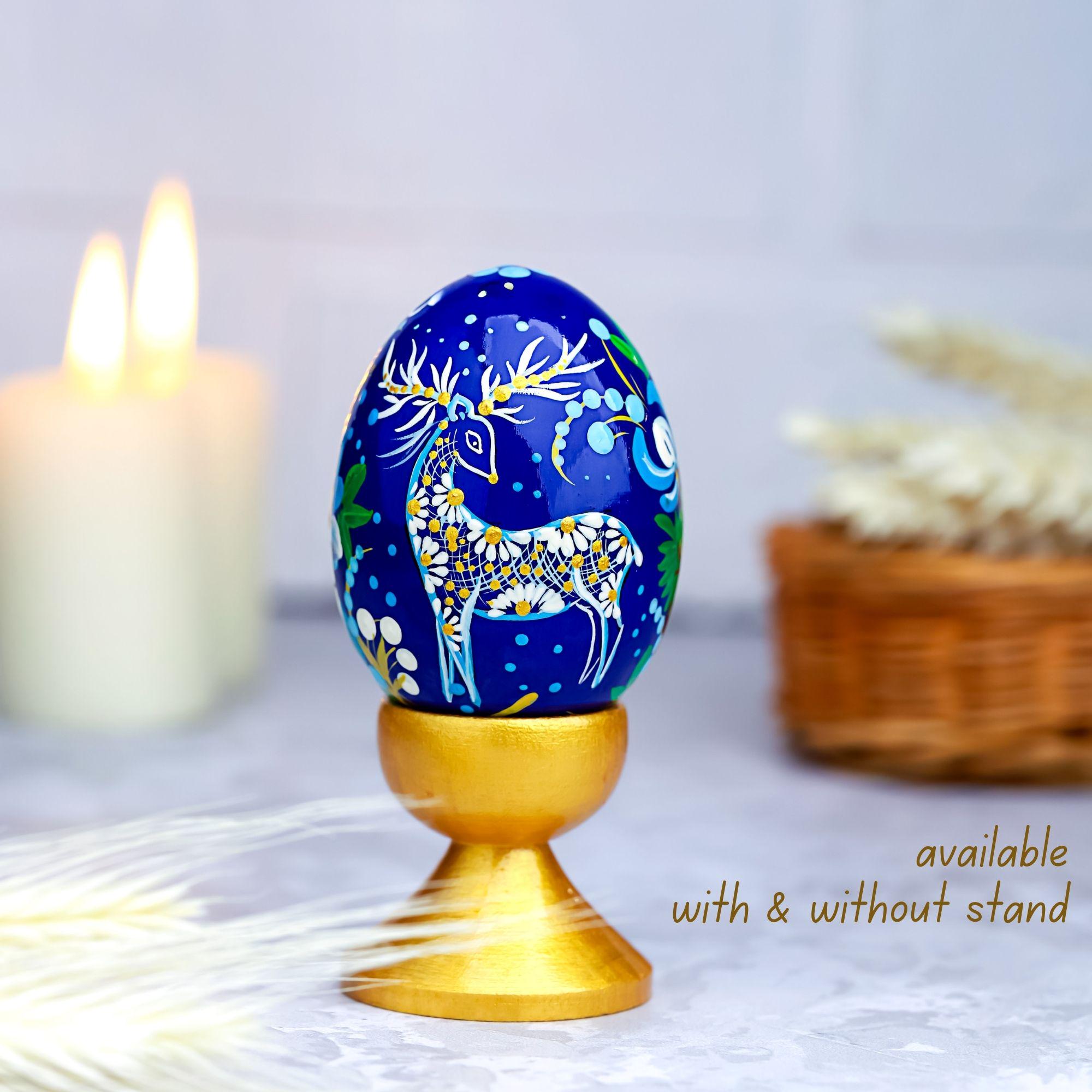 Painted Wooden Egg - Personalized Deer Easter Decoration, Ukrainian Petrykivka Pysanky Eggs
