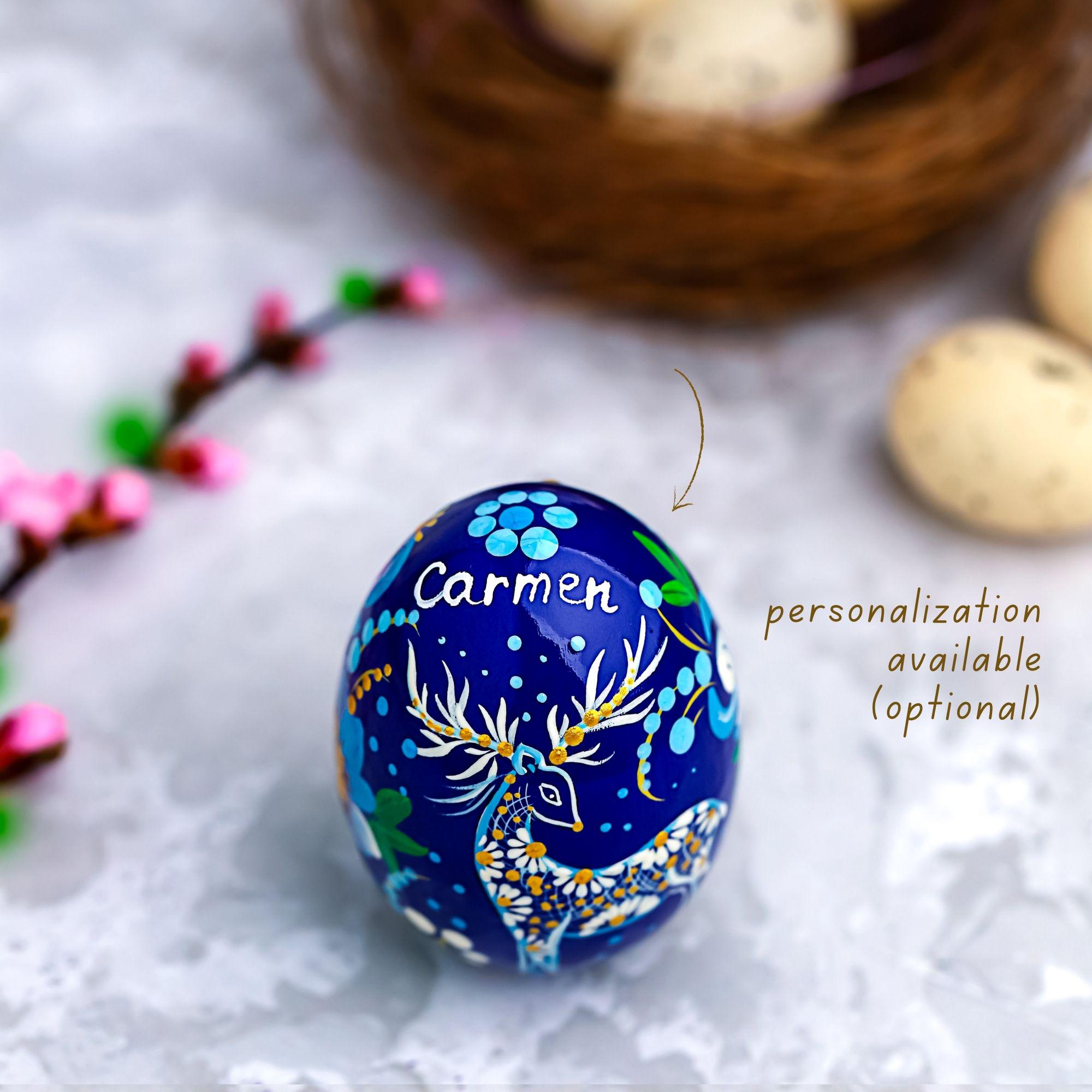 Painted Wooden Egg - Personalized Deer Easter Decoration, Ukrainian Petrykivka Pysanky Eggs