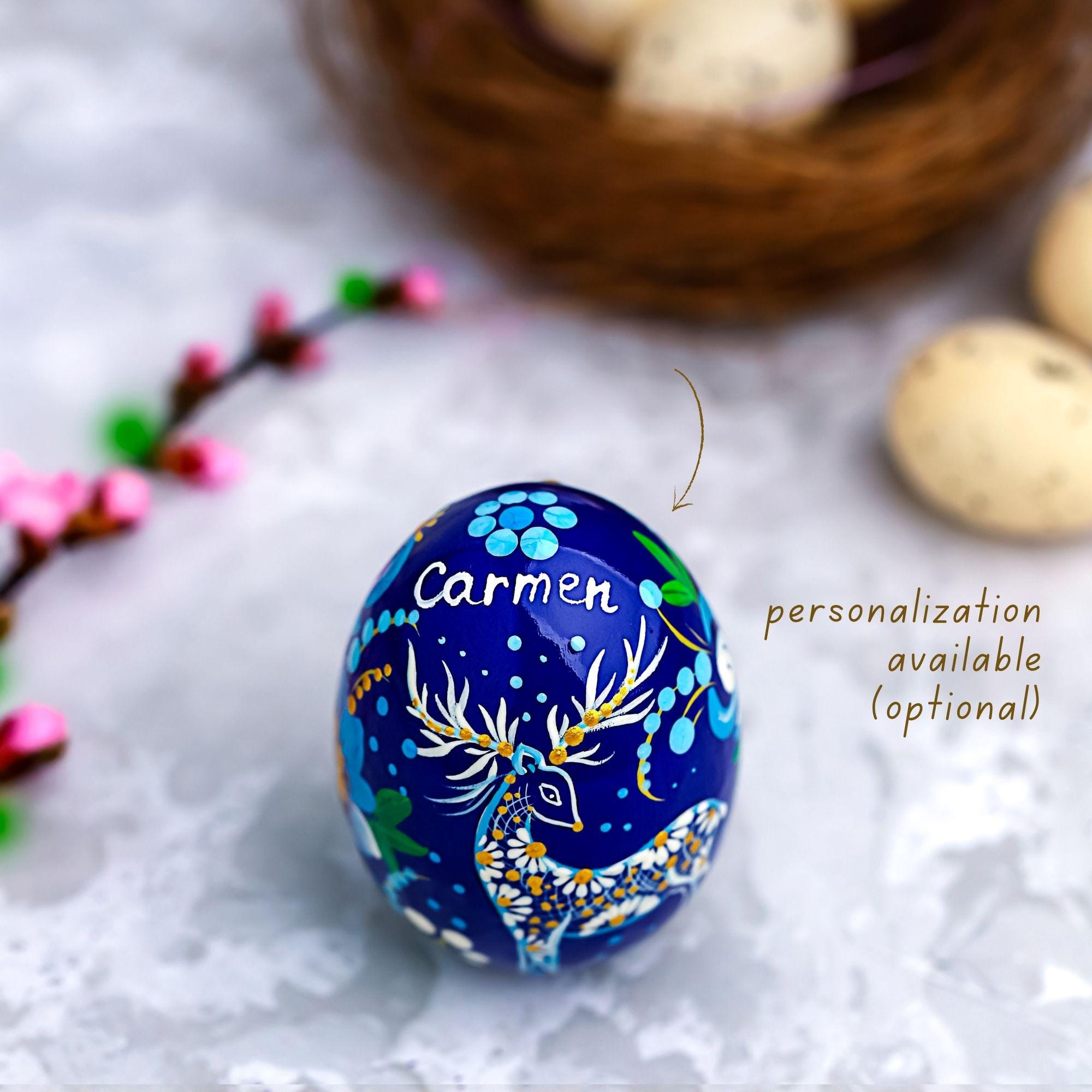 Painted Wooden Hanging Egg Ornament- Personalized Deer Easter Decoration, Ukrainian Petrykivka Pysanky Eggs