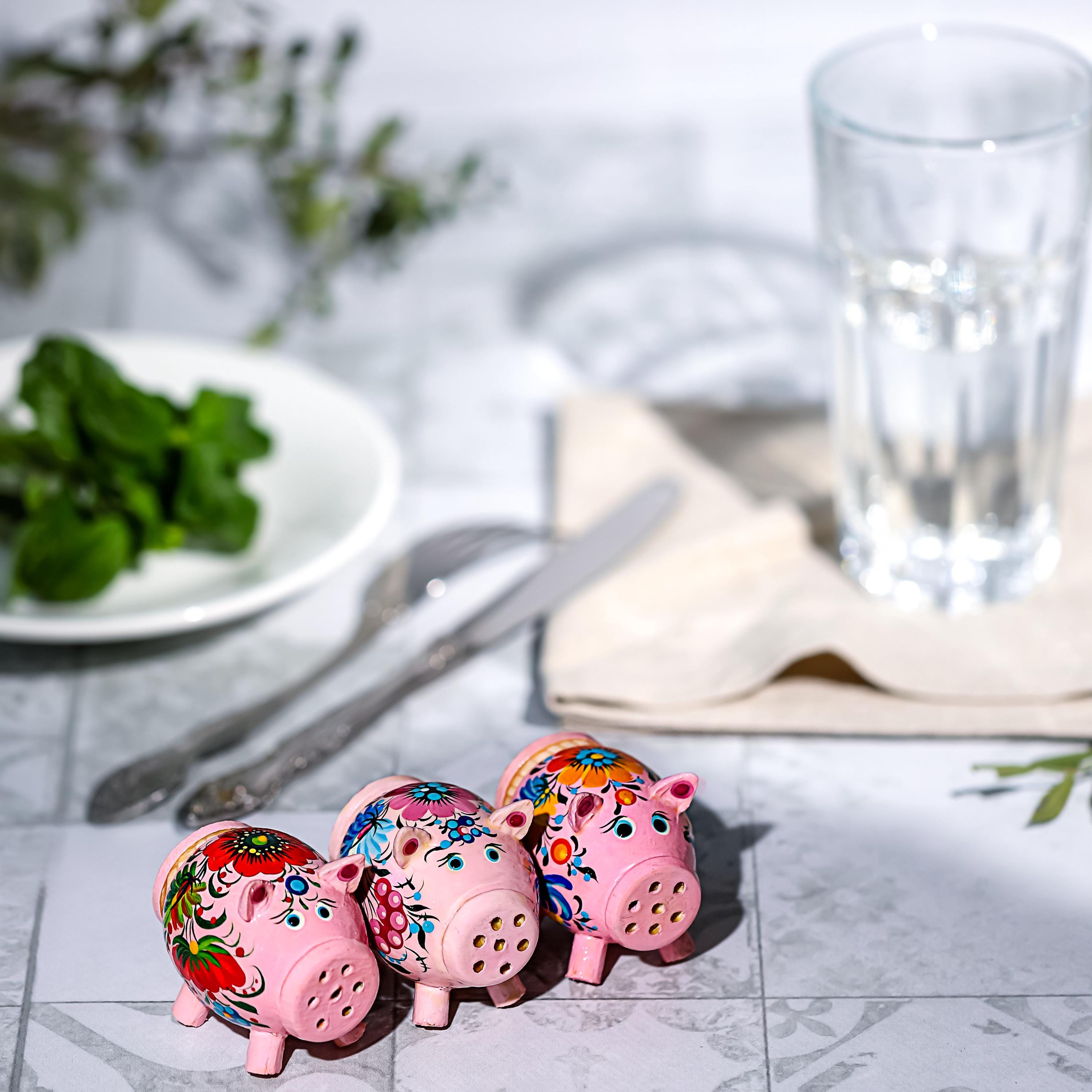 Wooden Pig Salt & Pepper Shaker Hand Painted with Petrykivka Art, Tight-Seal Lid