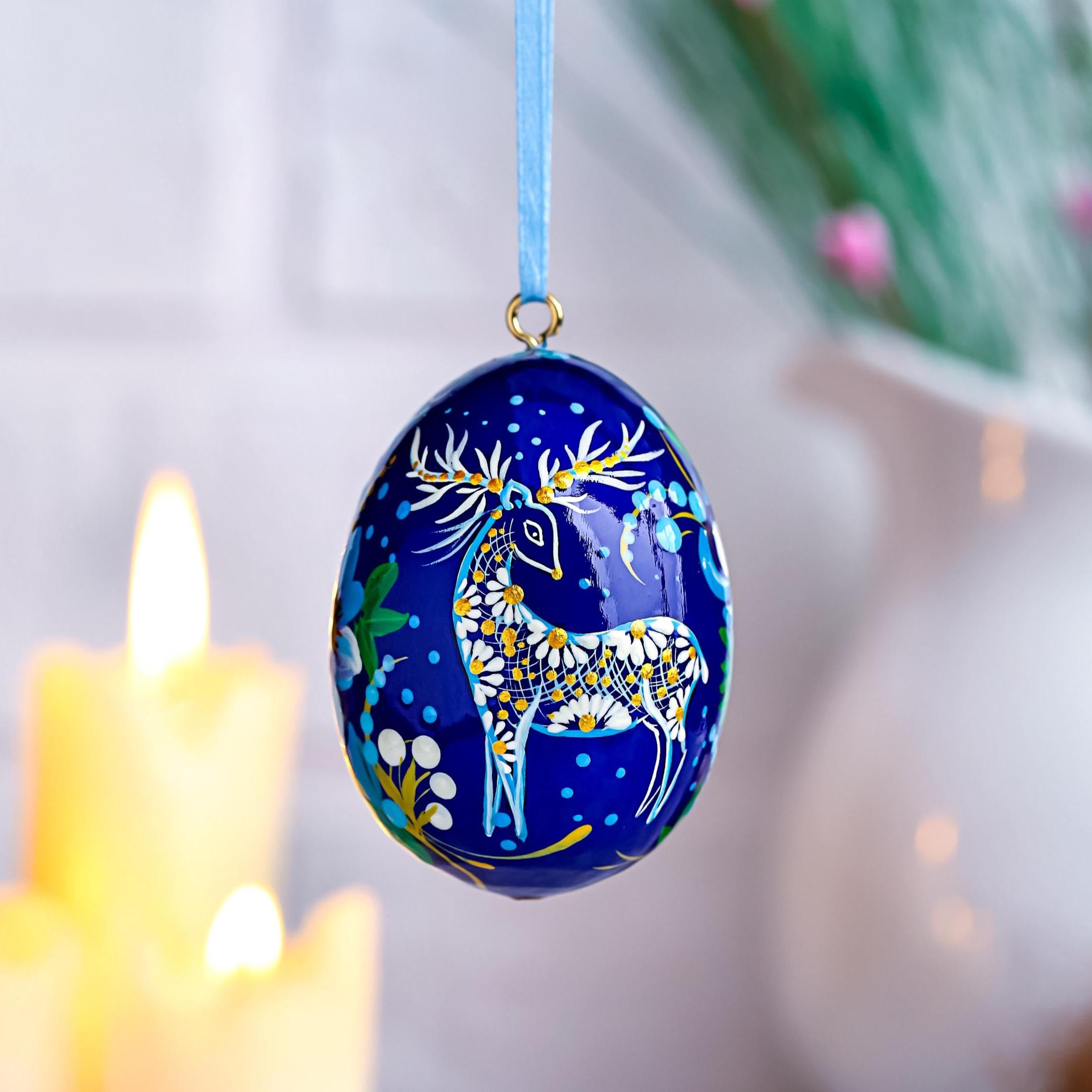 Painted Wooden Hanging Egg Ornament- Personalized Deer Easter Decoration, Ukrainian Petrykivka Pysanky Eggs