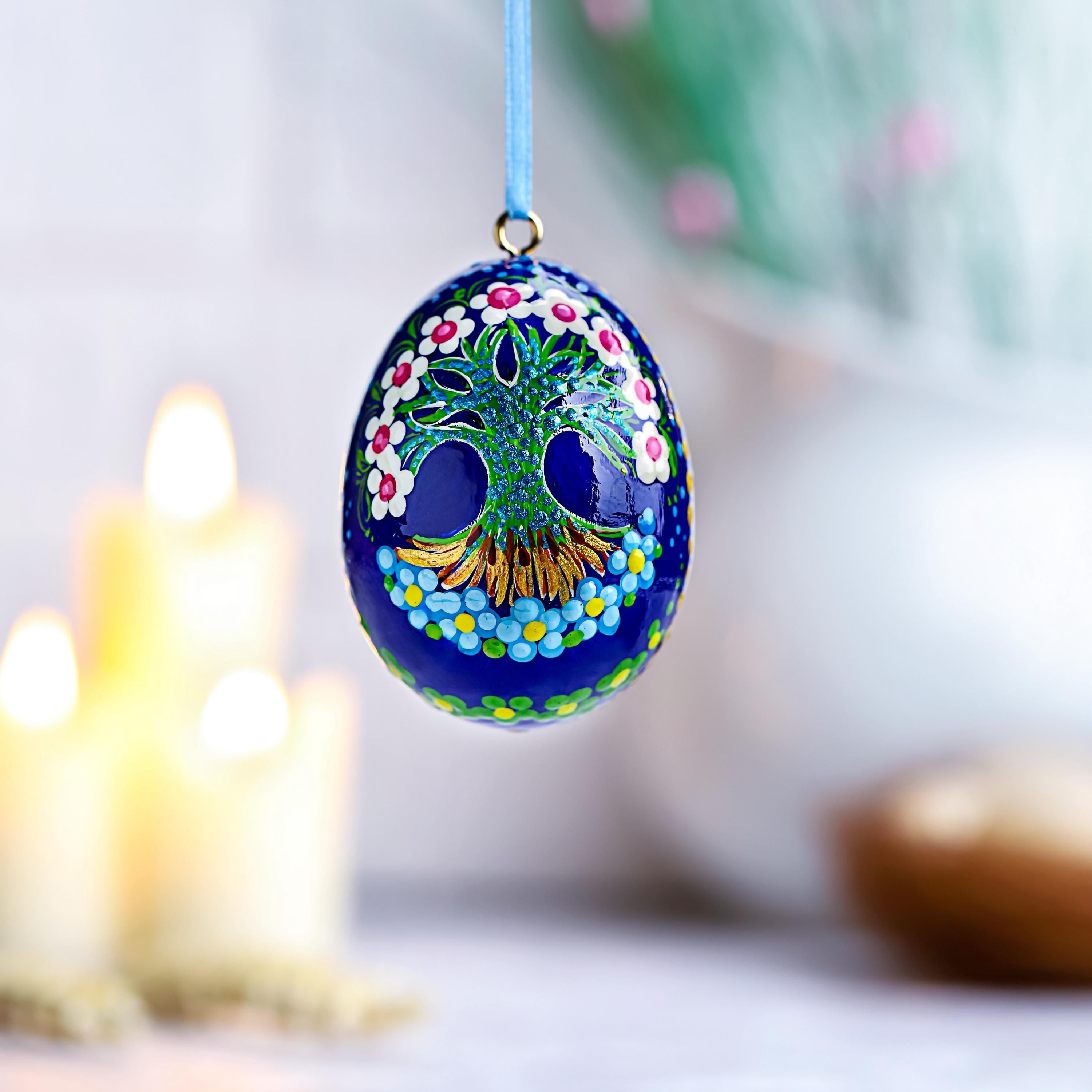 Painted Wooden Hanging Easter Egg - Personalized Tree of Life Easter Decoration, Ukrainian Petrykivka Pysanky