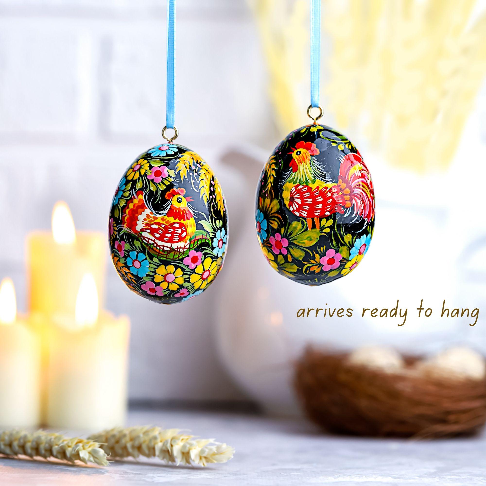 Painted Wooden Chicken Egg Ornament - Hanging Ukrainian Pysanky - Petrykivka Rooster & Hen Easter Decoration