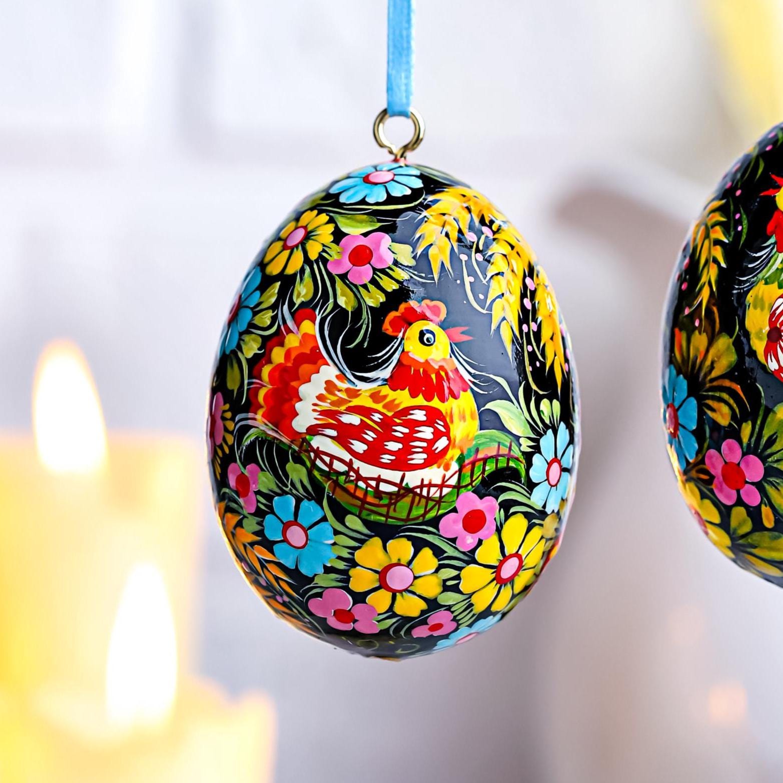 Painted Wooden Chicken Egg Ornament - Hanging Ukrainian Pysanky - Petrykivka Rooster & Hen Easter Decoration