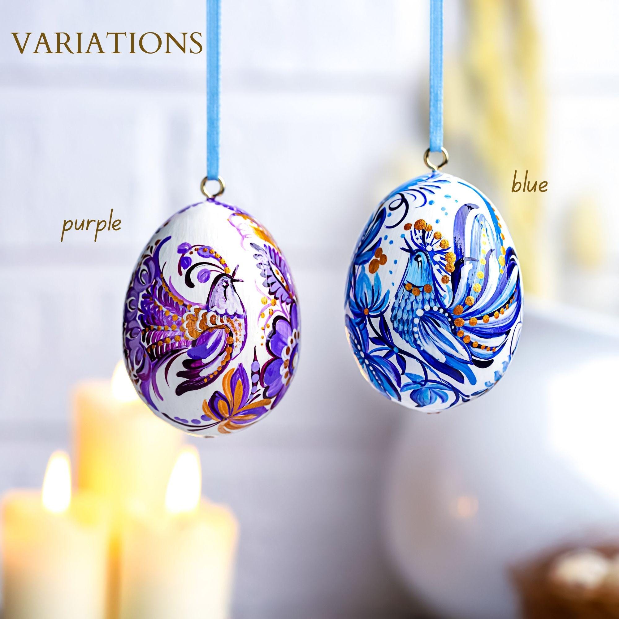 Painted Wooden Bird Easter Egg - Personalized Hanging Ukrainian Pysanky with Petrykivka Art