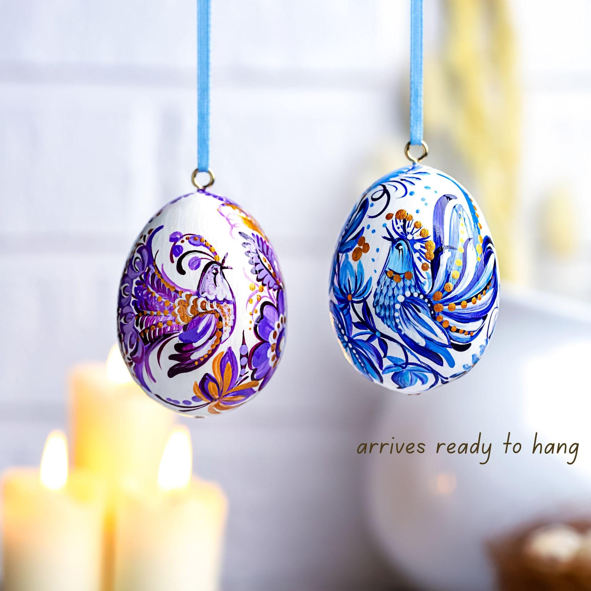 Painted Wooden Bird Easter Egg - Personalized Hanging Ukrainian Pysanky with Petrykivka Art