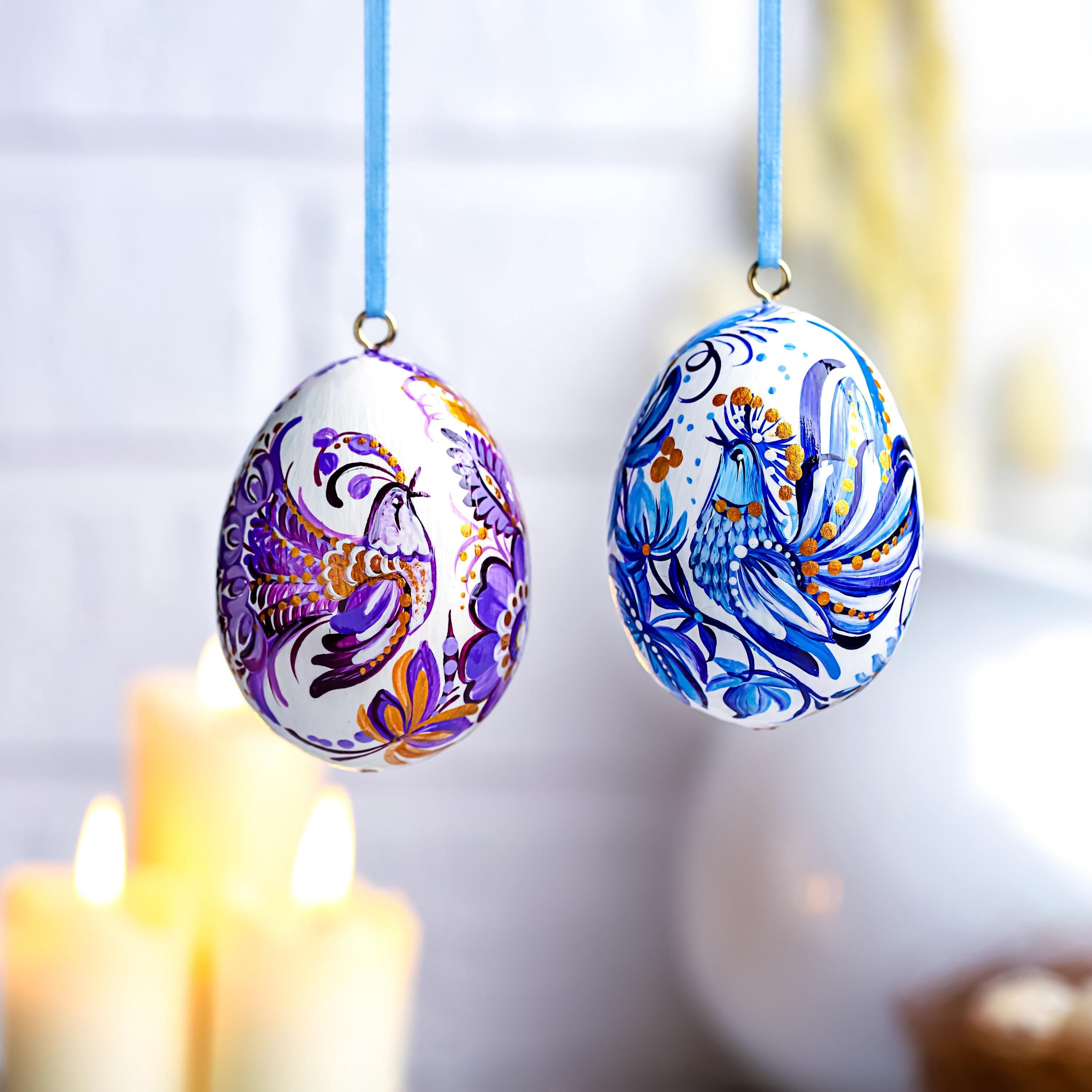 Painted Wooden Bird Easter Egg - Personalized Hanging Ukrainian Pysanky with Petrykivka Art