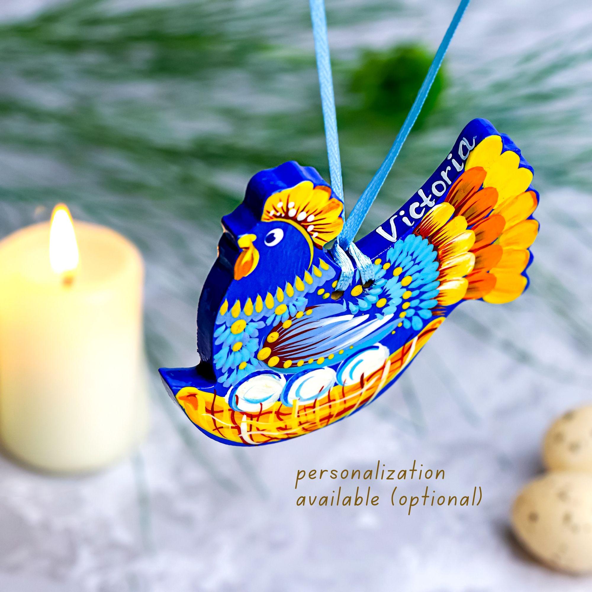 Painted Wooden Chicken Ornament - Personalized Ukrainian Petrykivka Decoration