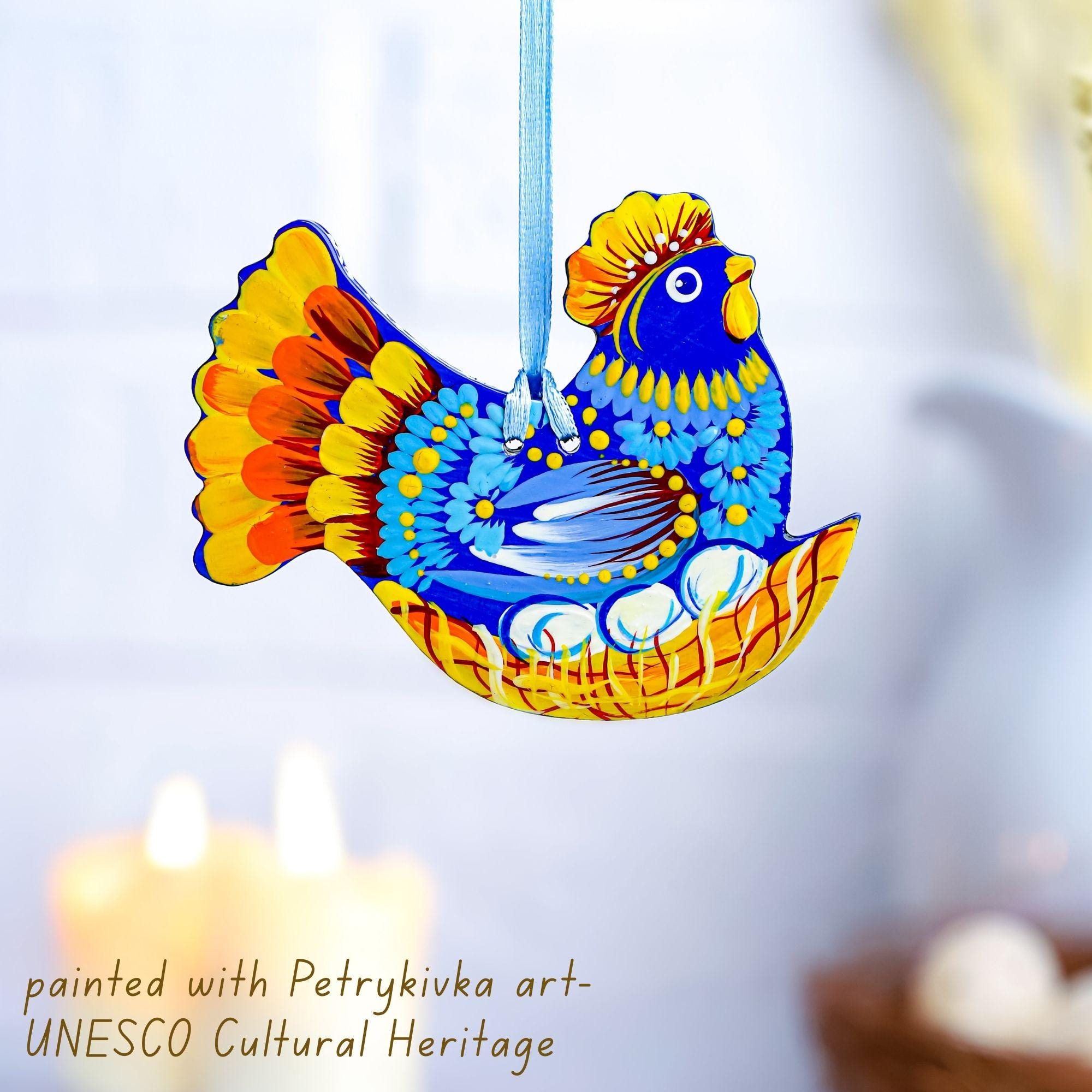 Painted Wooden Chicken Ornament - Personalized Ukrainian Petrykivka Decoration