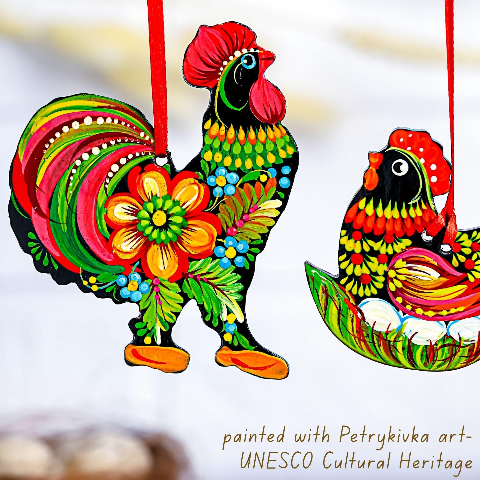 Painted Wooden Chicken Ornament - Personalized Ukrainian Petrykivka Easter Decoration