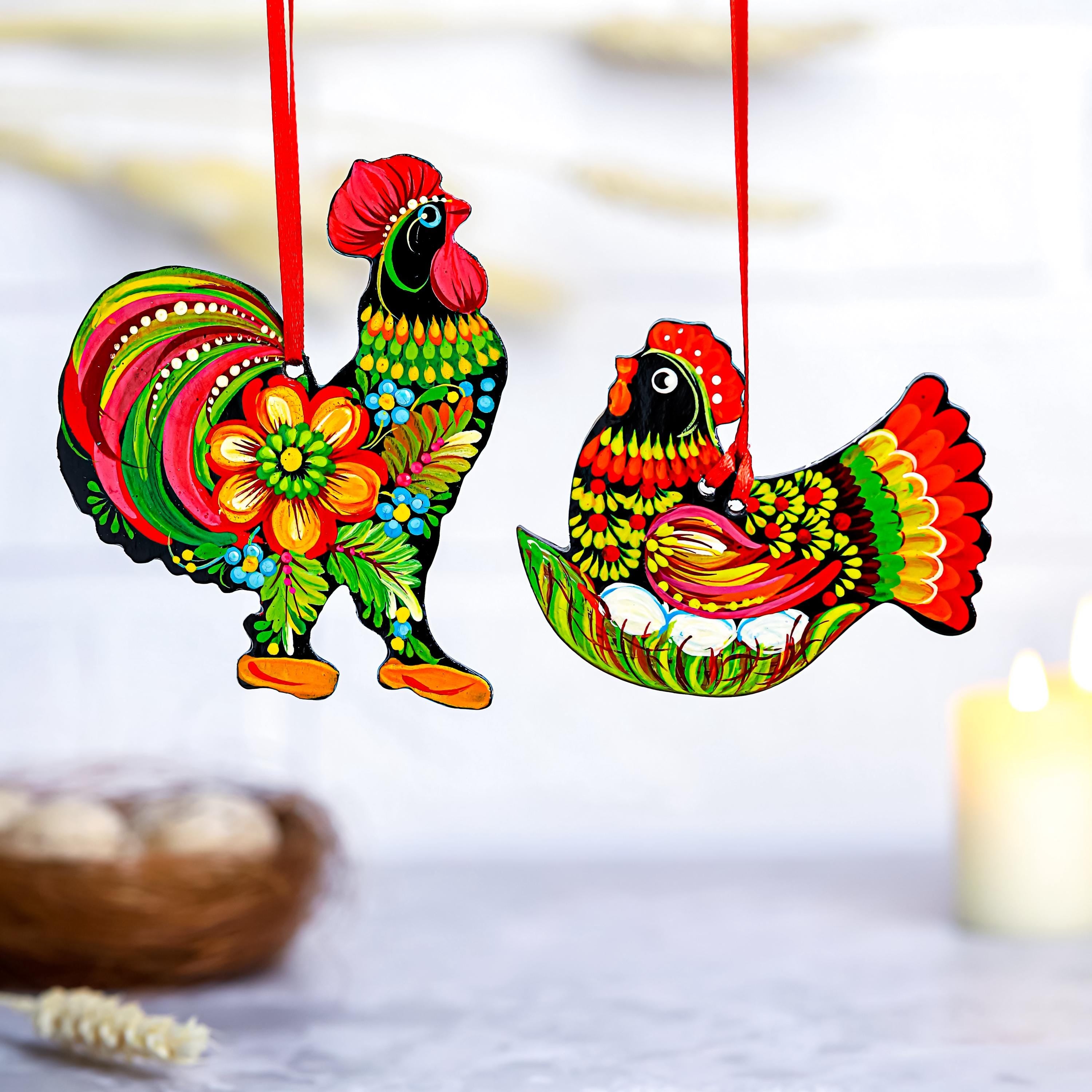 Painted Wooden Chicken Ornament - Personalized Ukrainian Petrykivka Easter Decoration