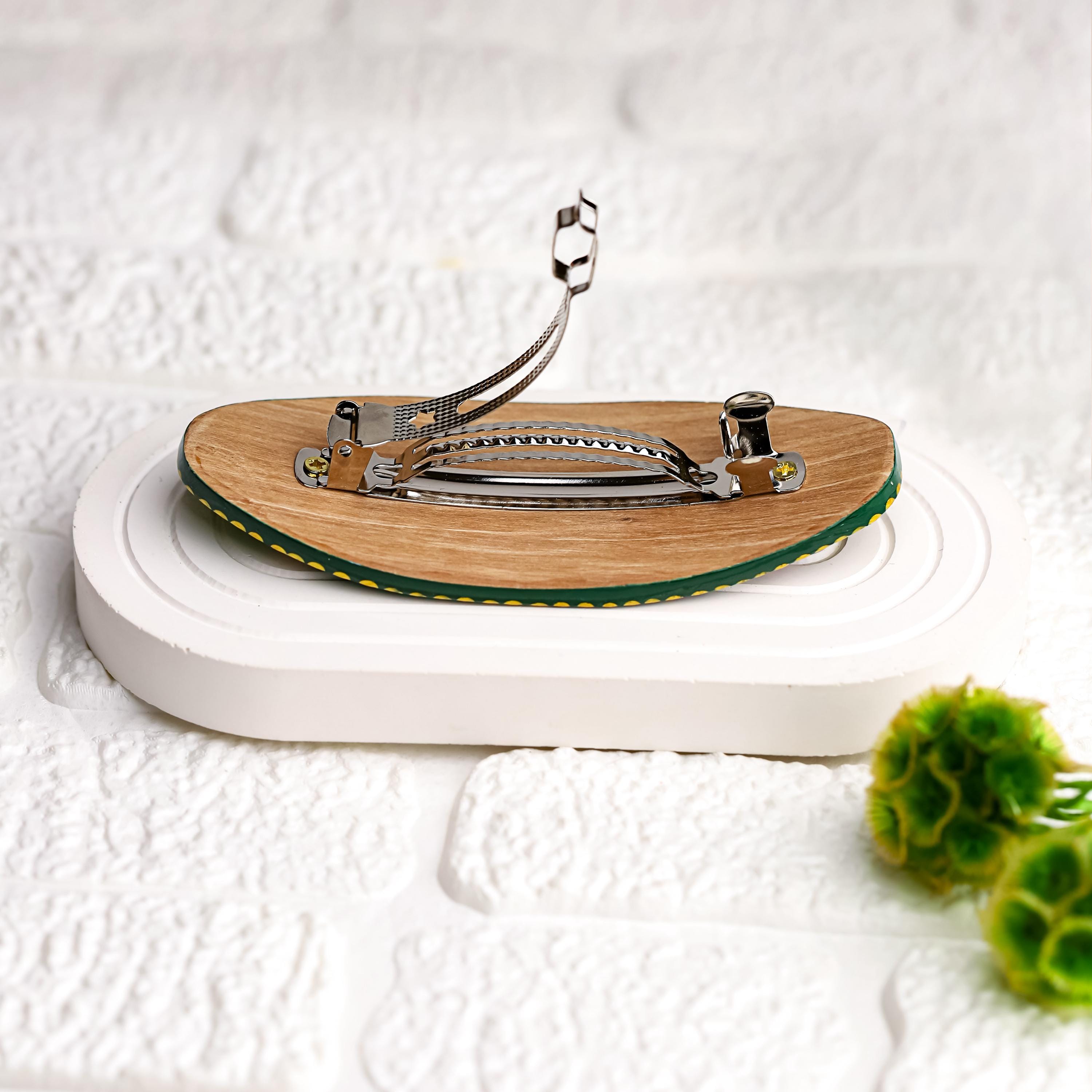 Painted Wooden Frog Hair Barrette - Large Oval Green Hair Clip with Ukrainian Petrykivka Art