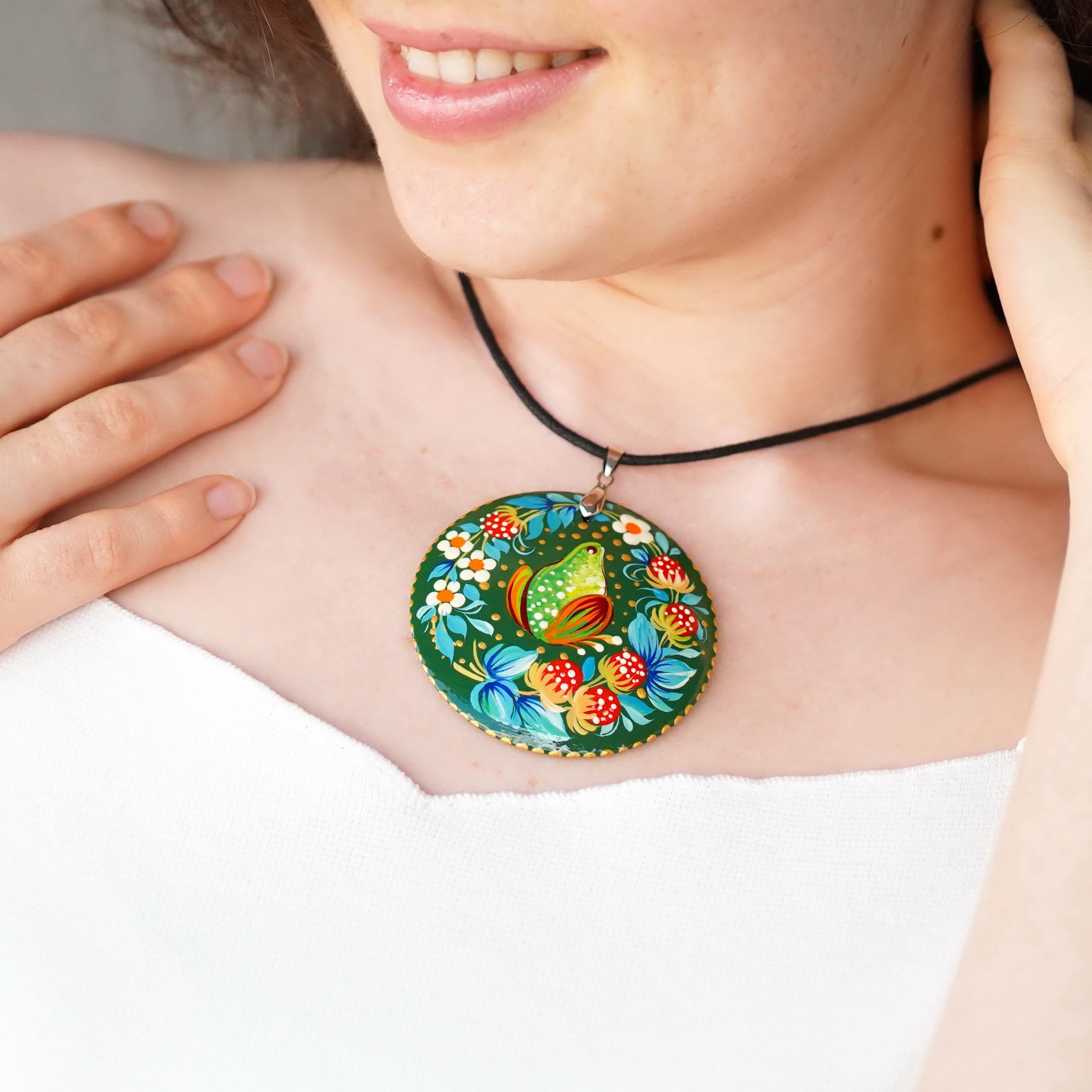 Painted Wooden Frog Hair Barrette - Large Oval Green Hair Clip with Ukrainian Petrykivka Art