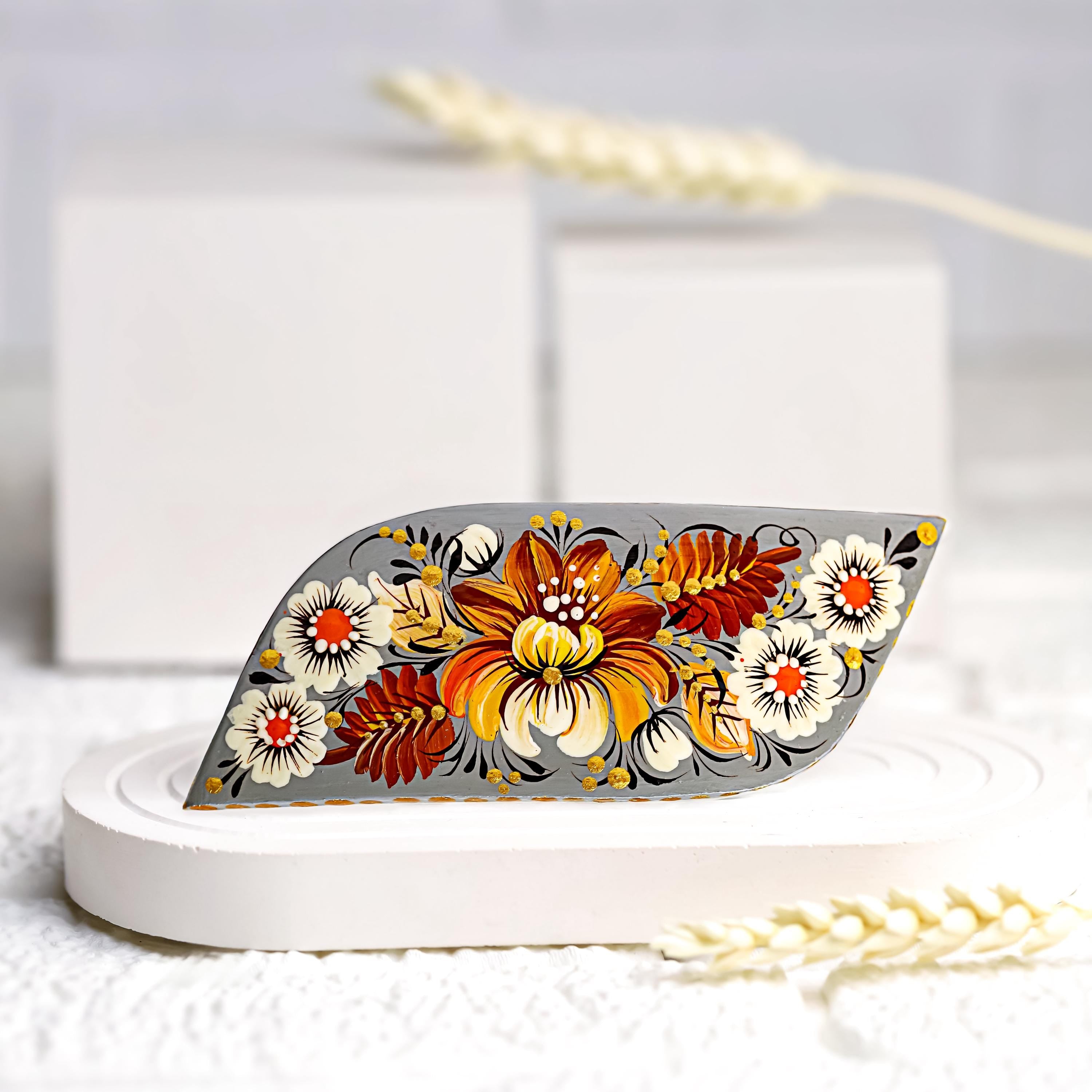 Painted Wooden Hair Barrette - Handmade Flower Hair Clip with Ukrainian Petrykivka Art