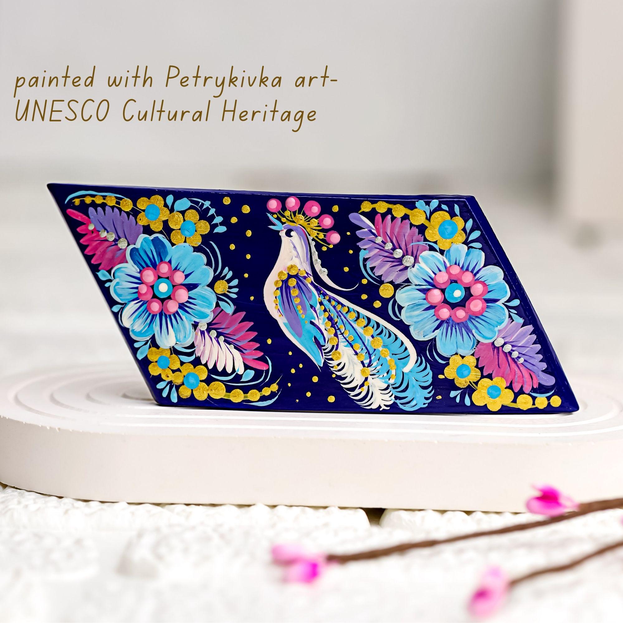 Painted Wooden Hair Barrette - Handmade Purple Bird Hair Clip with Ukrainian Petrykivka Art